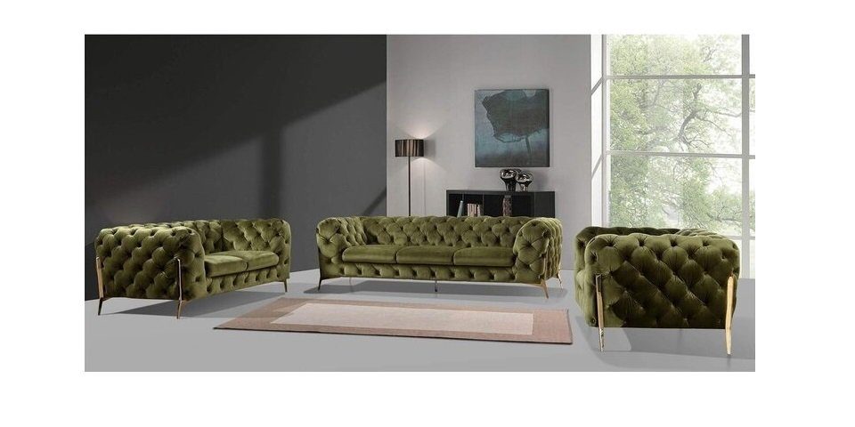 S-Style Möbel Polstergarnitur Chesterfield Ashley Polstergarnitur 3+2+1 mit Goldene Metall Füßen, (1x 3-Sitzer-Sofa, 1x 2-Sitzer-Sofa, 1x Sessel), mit Wellenfederung Olive