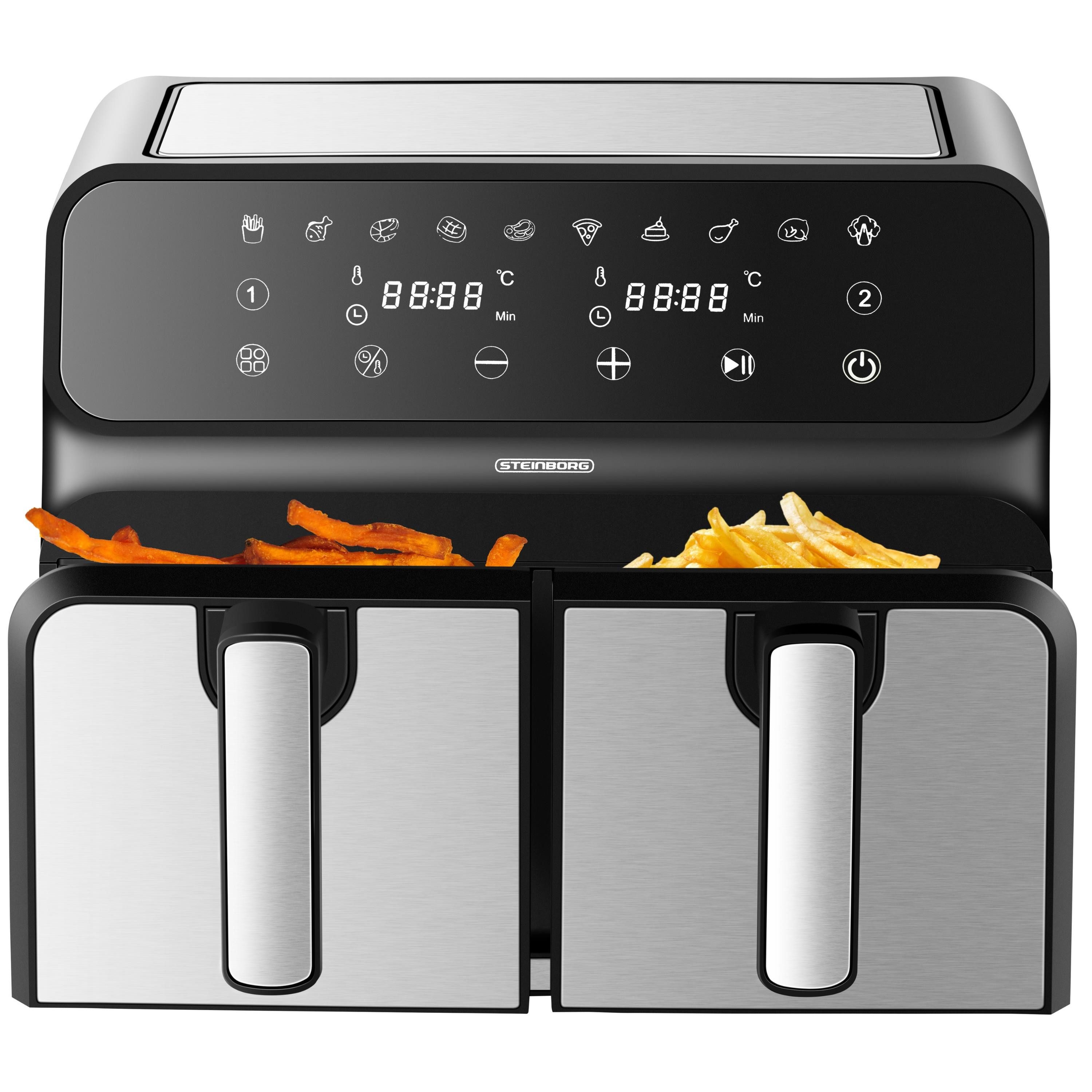 STEINBORG Heißluftfritteuse, 1700 W, 3-in-1 Gerät,10 Programme,LED-Touch-Display,Zwei-Zonen-Technologie