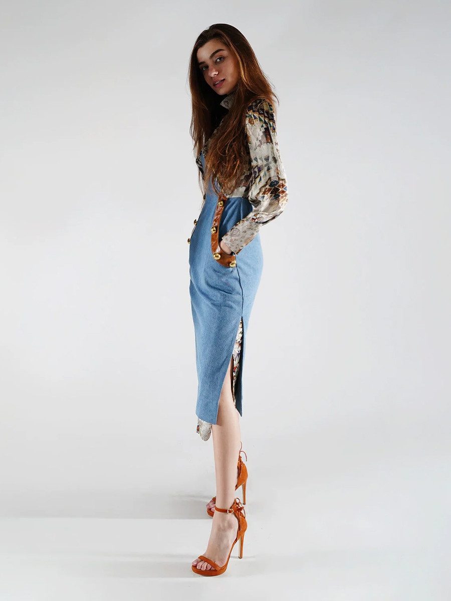 RUA & RUA Midikleid Kleid aus Denim Seide & Leder Etuikleid