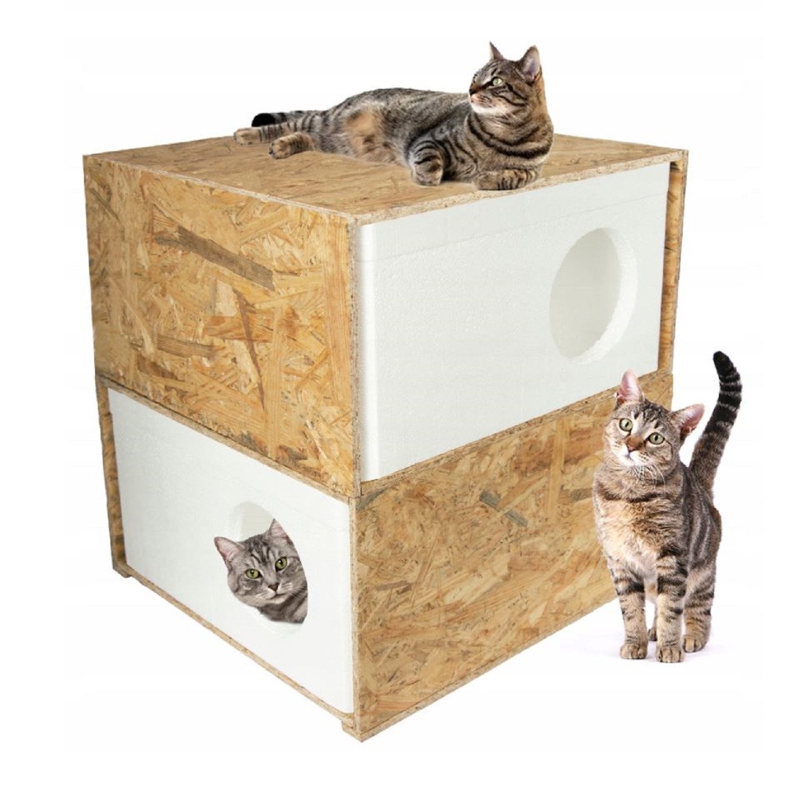 QLS Tierhaus Styropor + OSB, Wetterfestes Katzenhaus – 43x41 cm isoliertes Schutzhäuschen
