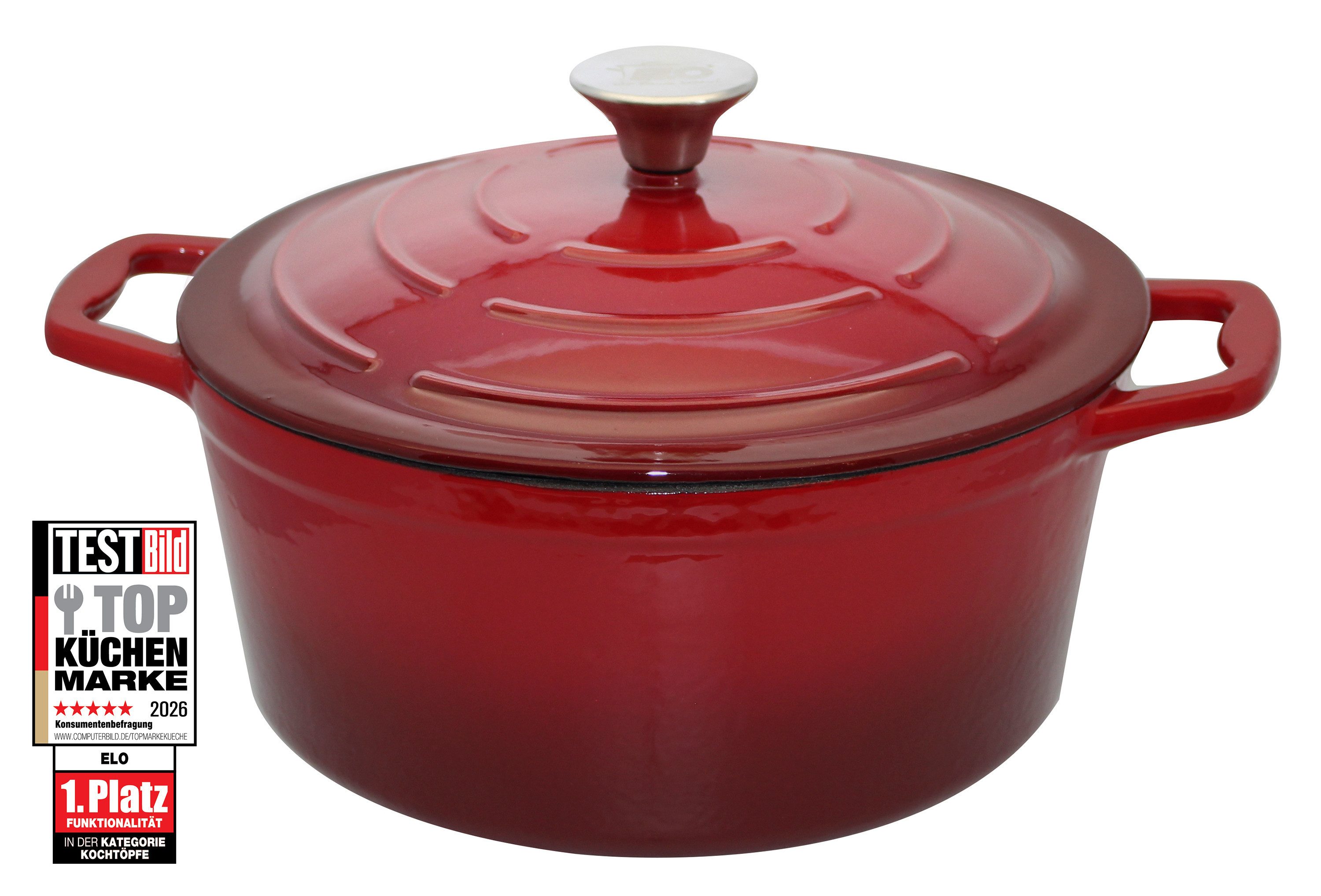Elo Kochtopf Kirschrot Gusseisen Topf 26 cm, Edelstahl, Gusseisen (2-tlg., Topf inkl. Deckel), Kondesationsrillen im Deckel für zarte Bratergebnisse