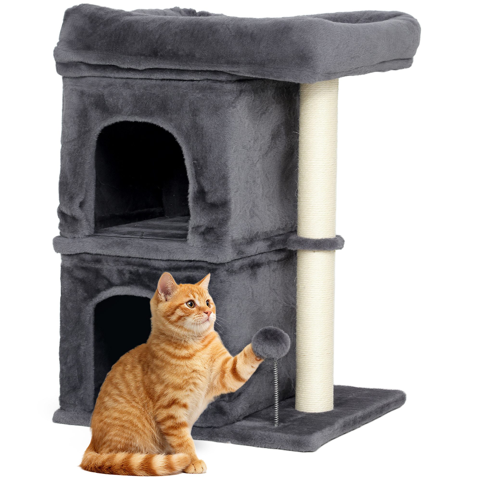 PawHut Kratzbaum mit Katzenbetten, Spielbällen, Geeignet für 1-2 Katzen bis 7 kg, Dunkelgrau