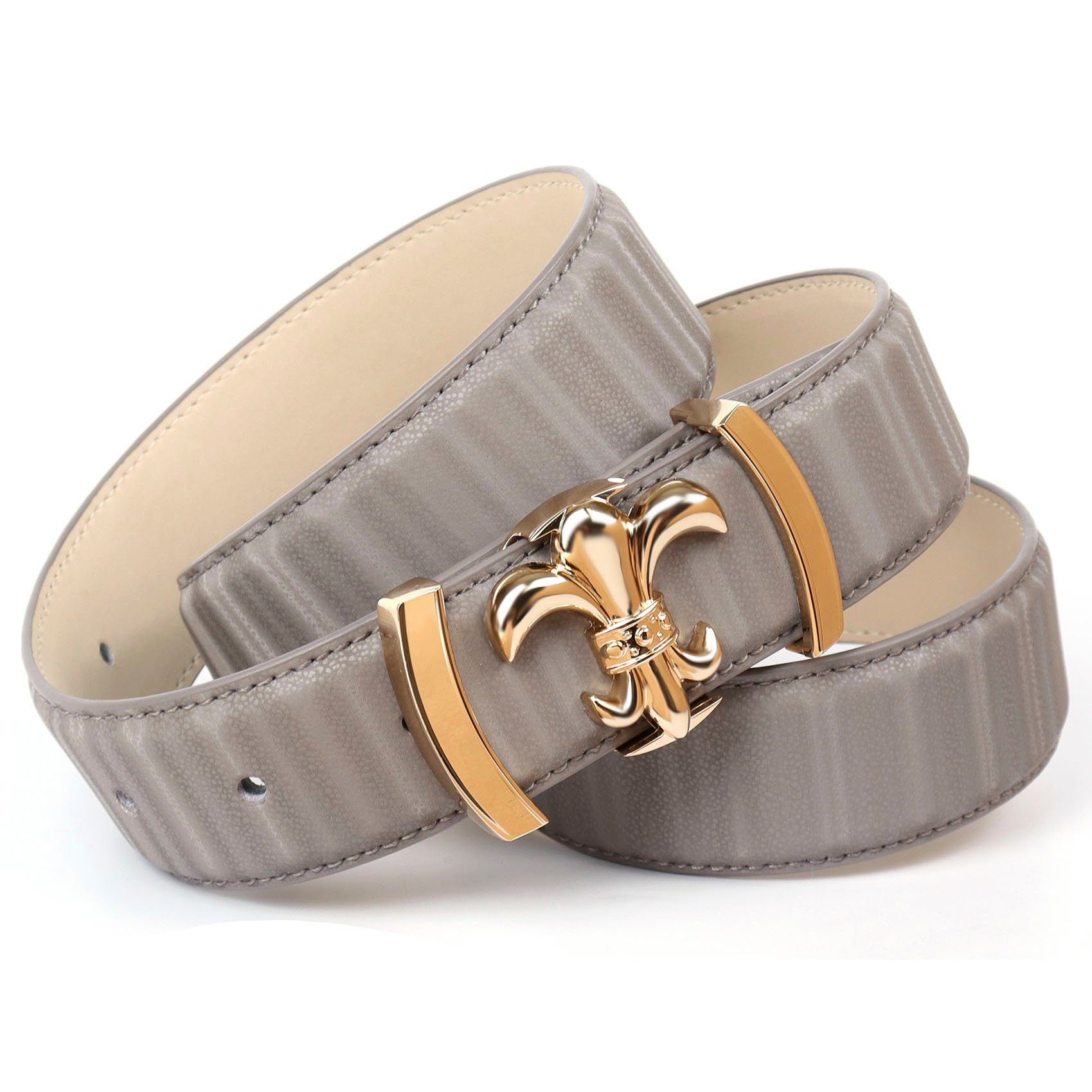 Preislimitierter Sonderverkauf Anthoni Crown Ledergürtel mit filigraner Koppel-Schließe goldfarbener grau
