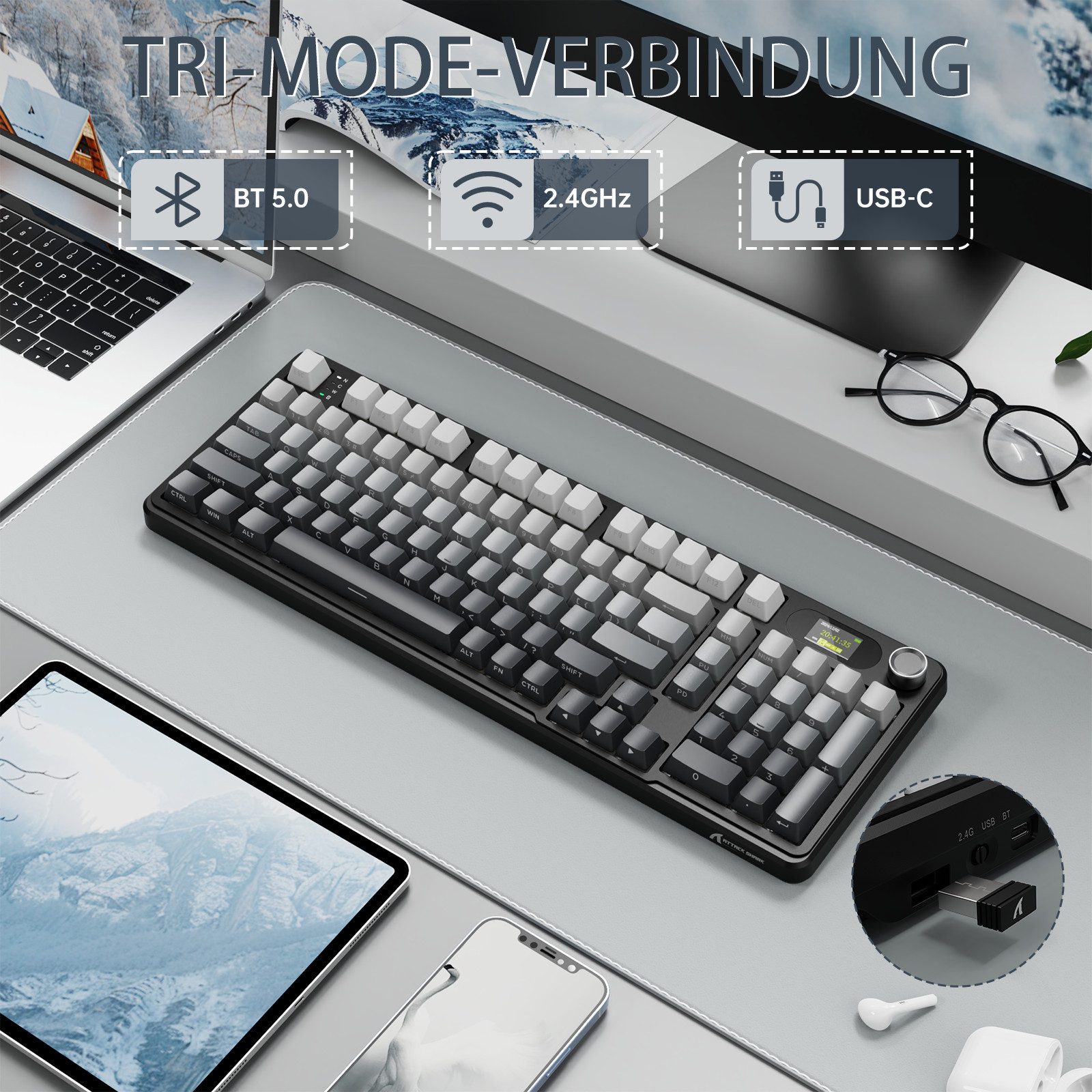 ATTACK SHARK X98PRO Tri-Mode Gasket Mechanische Gaming-Tastatur Gaming-Tastatur (LED-Farbbildschirm und CNC-Knopf,RGB,4000 mAh)
