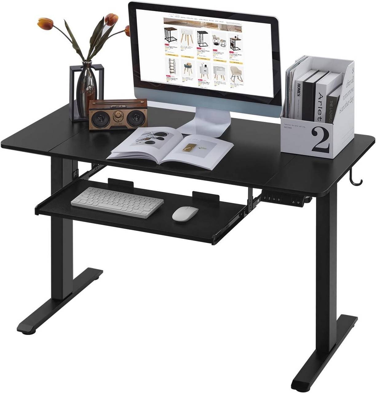 Woltu Schreibtisch Höhenverstellbar schwarz (1-St), Memory-Funktion, Tastaturauszug