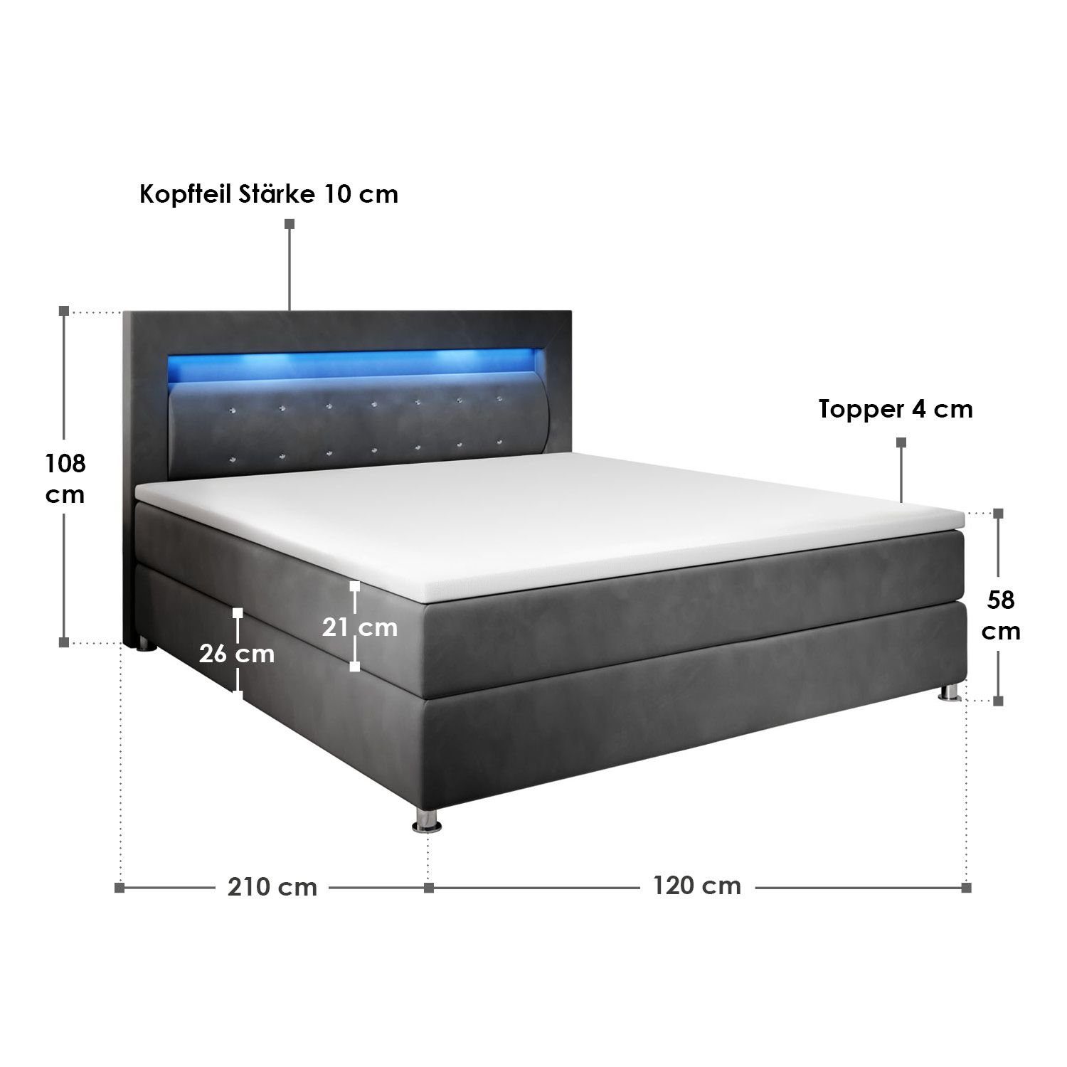 Juskys Boxspringbett Vancouver, 120x200 cm, Grau Bonell-Federkernmatratzen, LED-Beleuchtung Topper