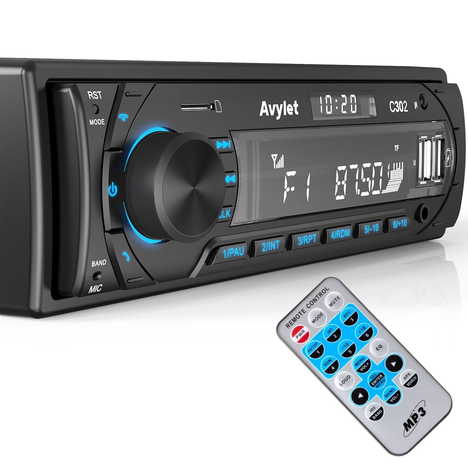 Avylet Autoradio Bluetooth mit 1 Din mit 2 USB/AUX/SD Karte/MP3-Player Autoradio (Hände frei,LCD mit Uhr,Anpassen des EQ-Sounds,Stromausfall speicher, Kompatible mit Lautsprecher, Smartphone,Android und iOS)
