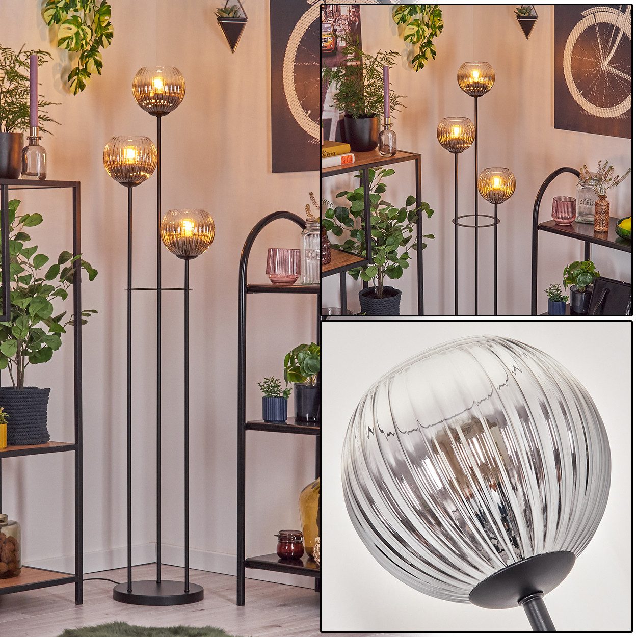 hofstein Stehlampe Stehlampe aus Metall/Riffelglas in Schwarz/Rauchfarben/Klar, ohne Leuchtmittel, Stehleuchte im Retro-Design m. Glasschirmen (15cm), Fußschalter, E14