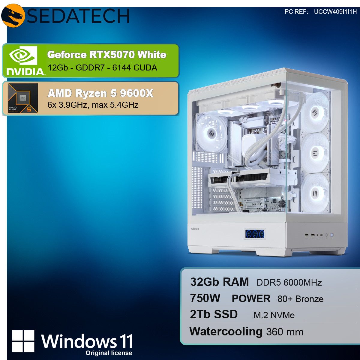 Sedatech UCCW409I1I1HF - Watercooling Gaming-PC (AMD Ryzen 5 9600X 6x 3.9GHz (max 5.4GHz), Geforce RTX5070 White 12GB, 32 GB RAM, 2000 GB SSD, Watercooling, Wlan 6E)