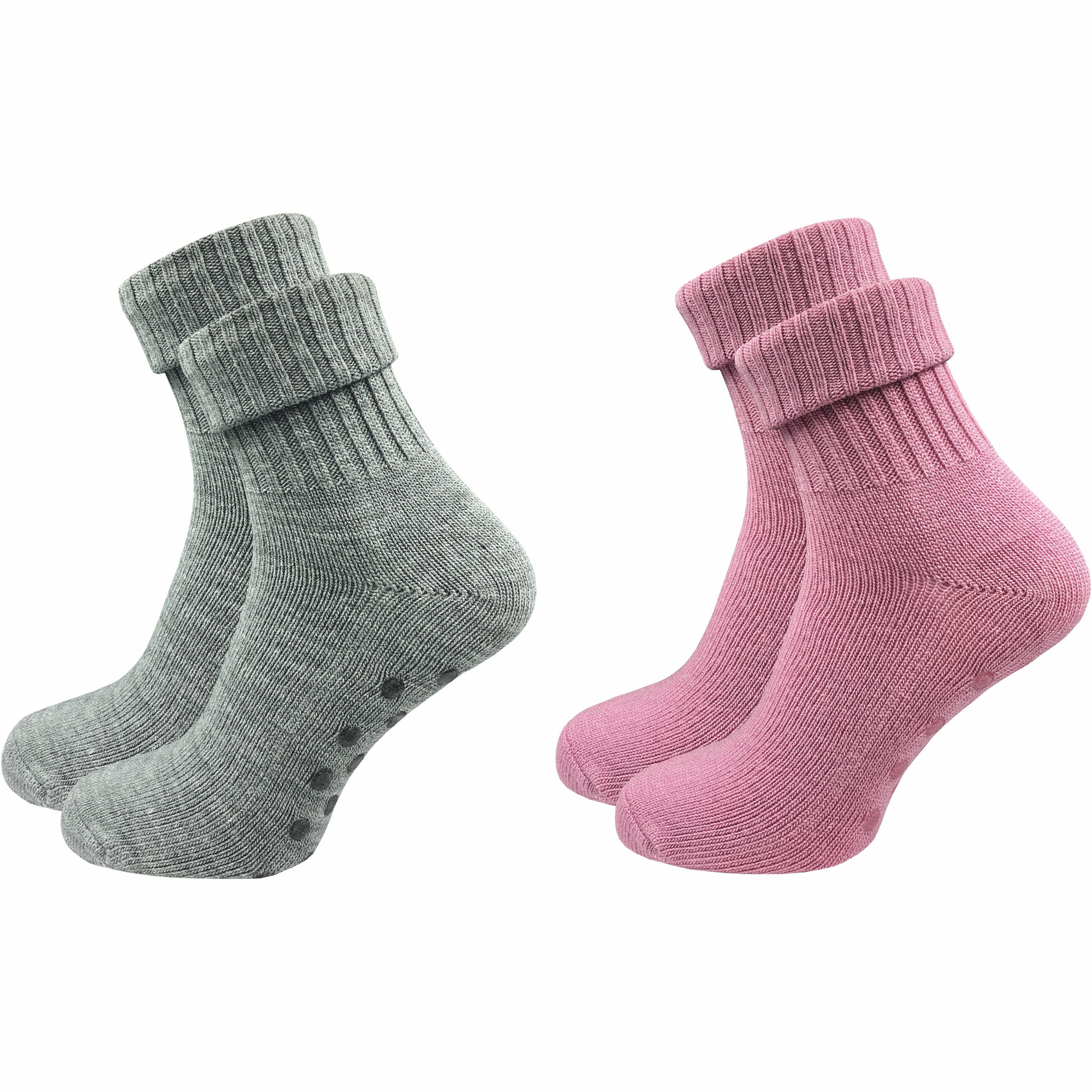 GAWILO ABS-Socken für Damen aus Wolle für extra warme Füße, Stoppersocken (2 Paar) Rutschfeste Hausschuhsocken, Weiche & kuschlige Socken mit Noppen rosa & hellgrau