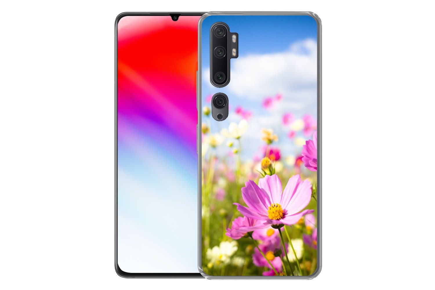 MuchoWow Handyhülle für Xiaomi Mi Note 10 Blumen - Wiese - Lila - Gras - Weiß - Wolken - B