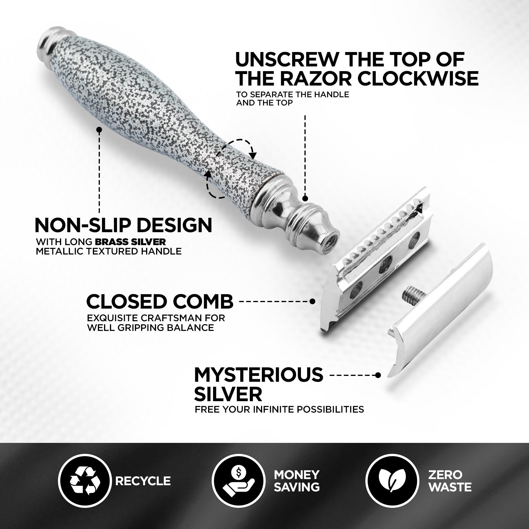 Haryali London Nassrasierer De Rasierhobel für Damen und Herren, antiker Metallgriff, Grau, Packung, Rutschfester Nassrasierer aus hochwertigem Messing Silber, Abwaschbarer, rutschfester glänzender Harzgriff, bestes Rasiererlebnis