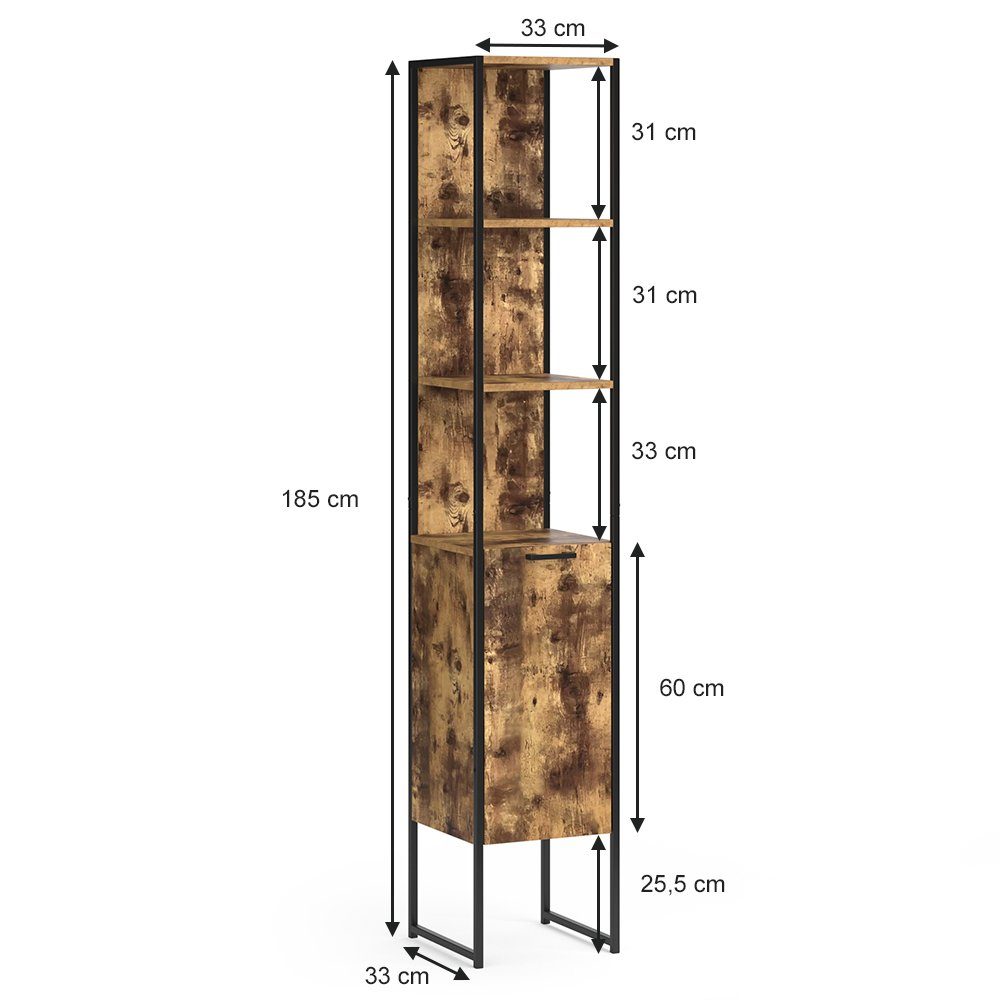 Vicco Hochschrank Fyrk, Eiche rustikal/Schwarz, 33 x 185 cm (1-St)
