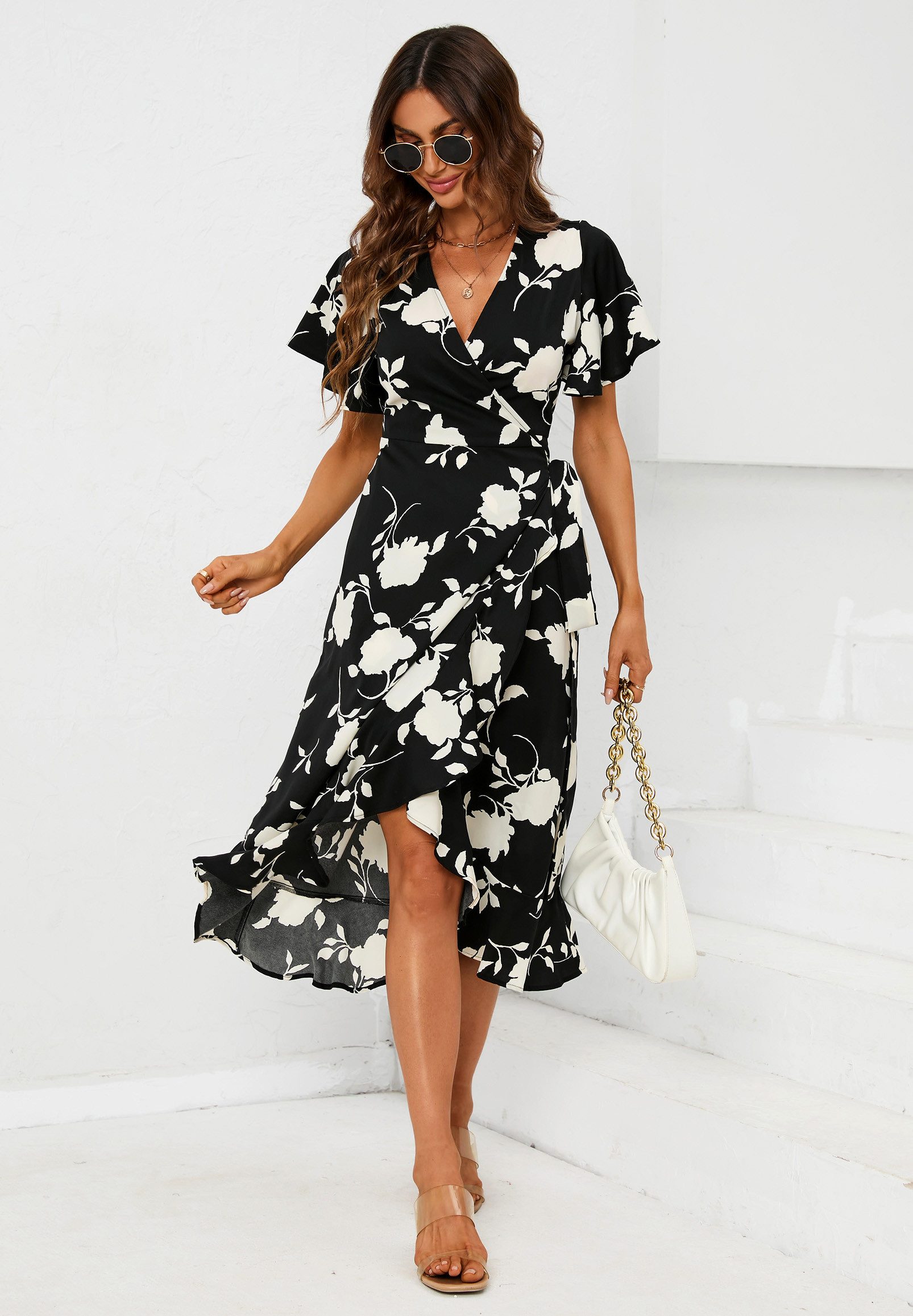 FS Collection Wickelkleid Midikleid Damen mit Engelsärmeln V-Ausschnitt Som günstig online kaufen