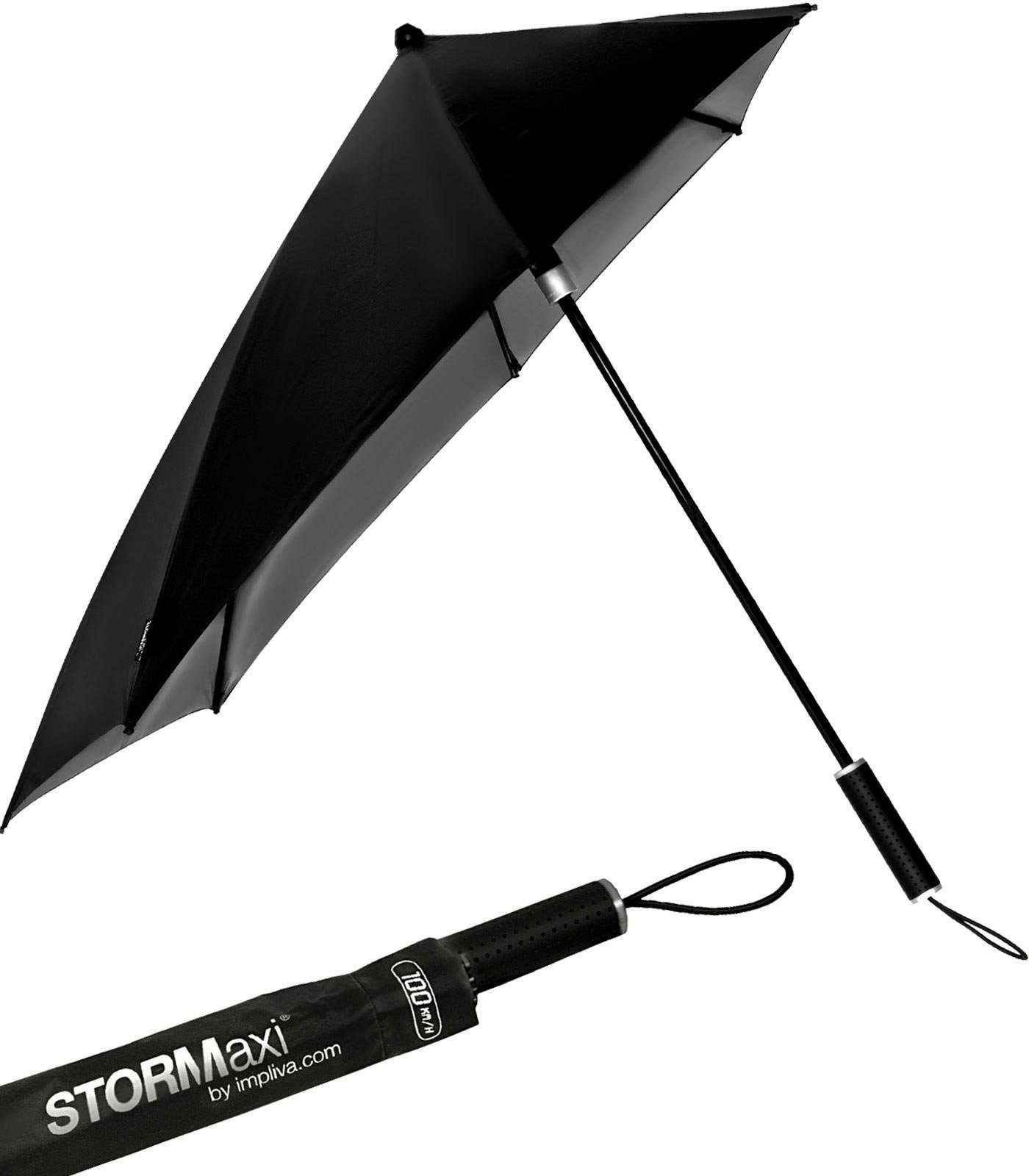 Impliva Stockregenschirm STORMaxi aerodynamischer Sturmschirm Metallic, durch seine besondere Form dreht sich der Schirm in den Wind, hält bis zu 80 km/h aus schwarz-nickel
