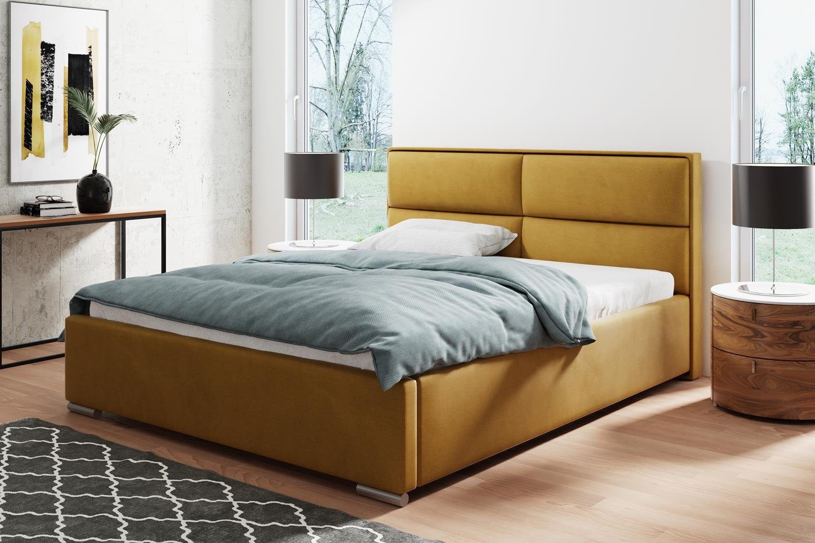Beautysofa Polsterbett Duo (Doppelbett aus Velourstoff, mit große Bettkasten, gelb / schwarz / blau / grün / grau / rosa), mit Metallrahmen und Gaszylinder Senfgelb (kronos 01)