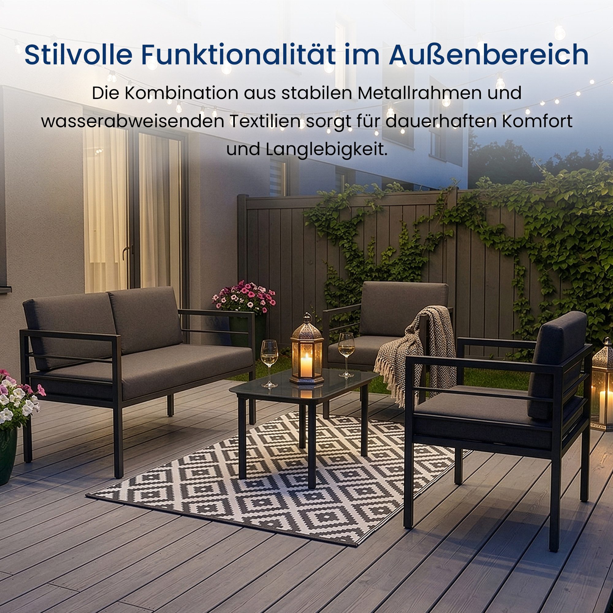Home Collective Gartenlounge-Set Balkonmöbel Lounge Möbel Outdoor Terrassenmöbel Sitzgruppe mit Tisch, (4-teiliges Set mit 1 2-Sitzer, 2 Sesseln und 1 Tisch, inkl. abziehbarer Kissen), obustes Metallgestell und Sicherheitsglas, graue Kissen, anthrazit
