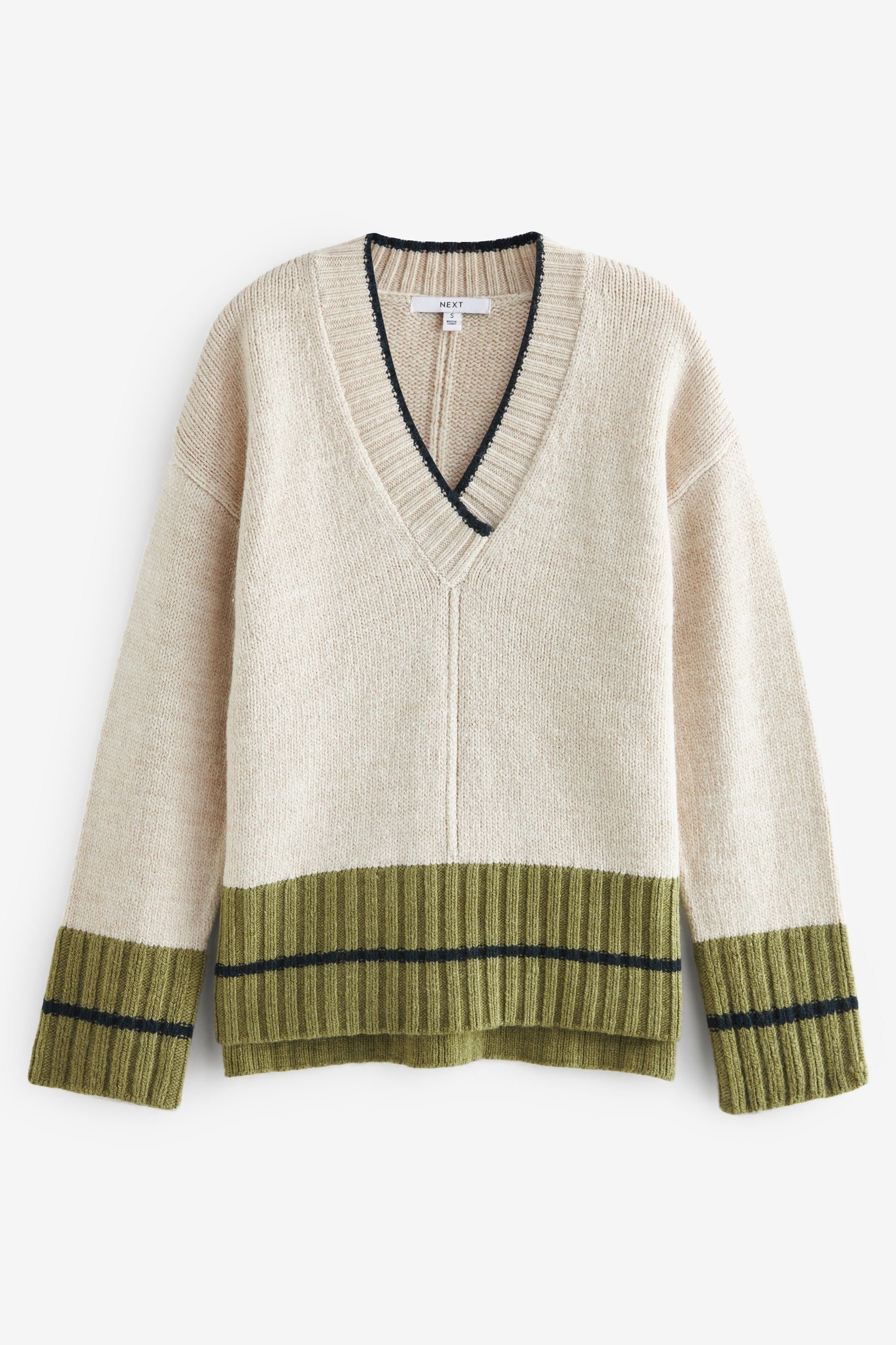 Next V-Ausschnitt-Pullover Pullover mit V-Ausschnitt (1-tlg) Ecru Cream/Olive Green
