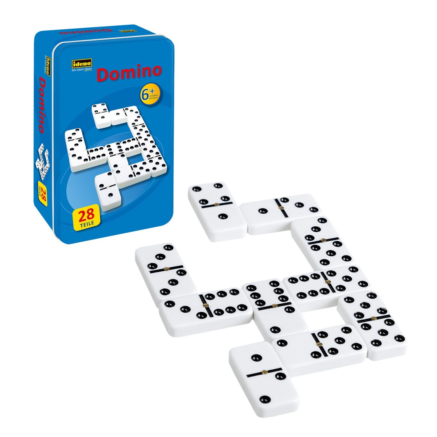 Idena Spiel Idena 6050012 - Domino Spiel mit 28 Steinen, in einer Metallbox, mit