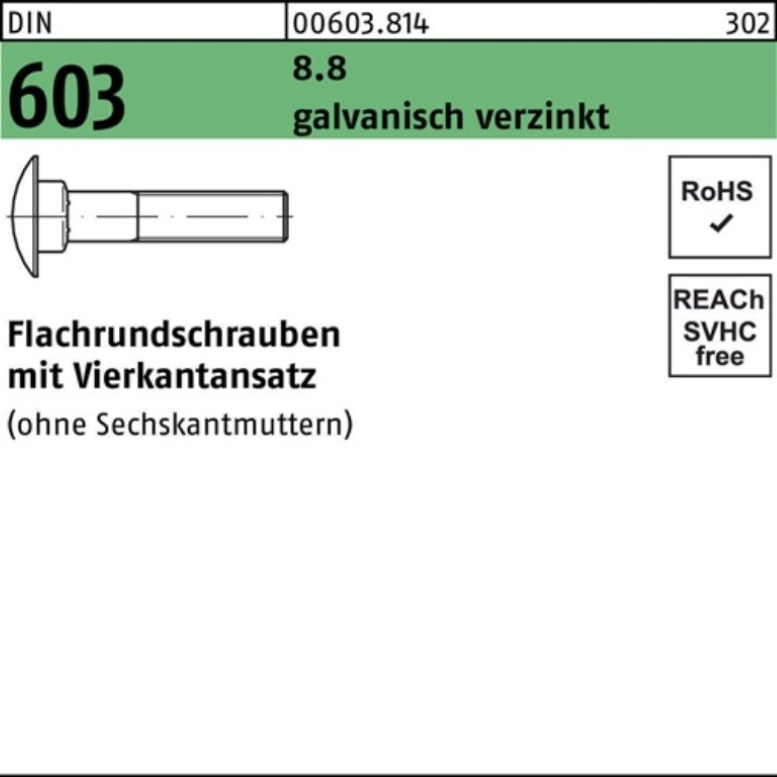 Reyher Schraube 100er Pack Flachrundschraube 603 8.8 Vierkantansatz DIN M16x65 galv.ve