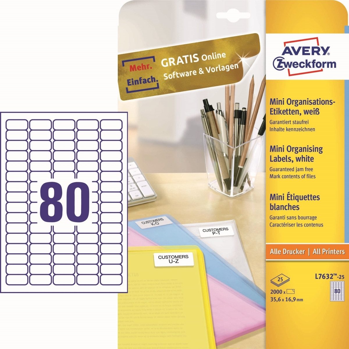 Avery Zweckform Etiketten Mini-Organisations-Etiketten 35,6x16,9 mm 25 Blatt/2000 Etiketten weiß