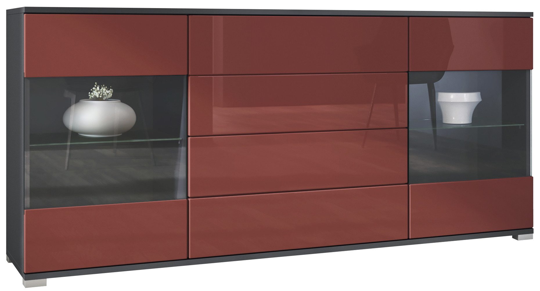 Vladon Sideboard Bari V2 (Kommode mit 2 Türen, 4 Schubladen und 2 flexible Glaseinlegeböden), Anthrazit matt/Bordeaux Hochglanz (166,5 x 75,5 x 35)