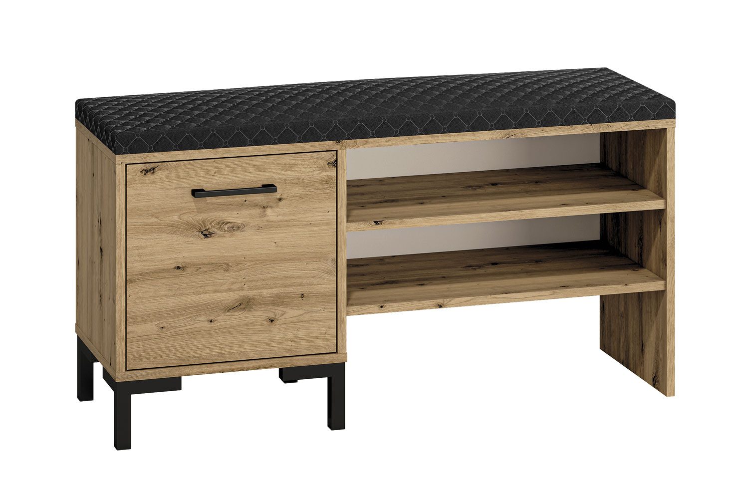 Feldmann-Wohnen Sitzbank Nevio (Sitzfläche gepolstert, 1 Tür, innen 1 Boden, 2 offene Fächer, 1-St., Kunststoffgriffe in schwarz), 150x34x55cm Eiche Artisan / schwarz