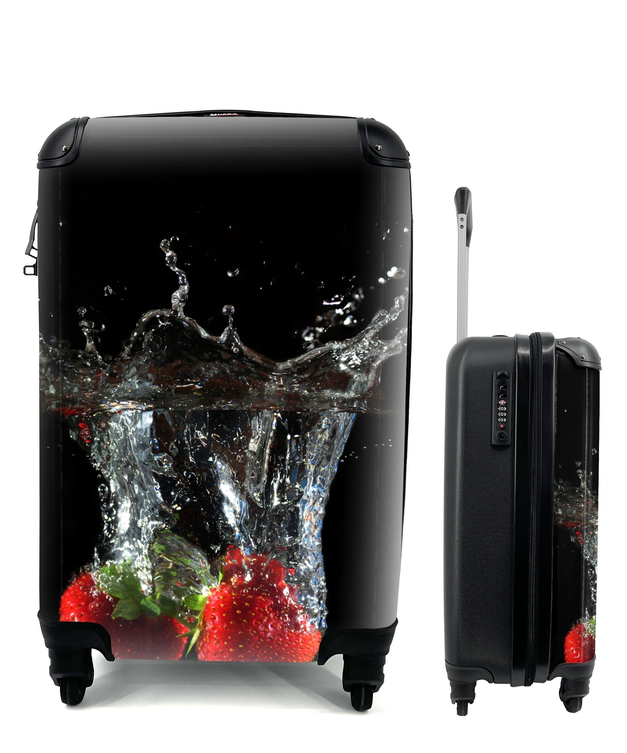 MuchoWow Handgepäckkoffer Erdbeeren - Obst - Wasser - Schwarz - Rot, 4 Rollen, Reisetasche mit rollen, Handgepäck für Ferien, Trolley, Reisekoffer