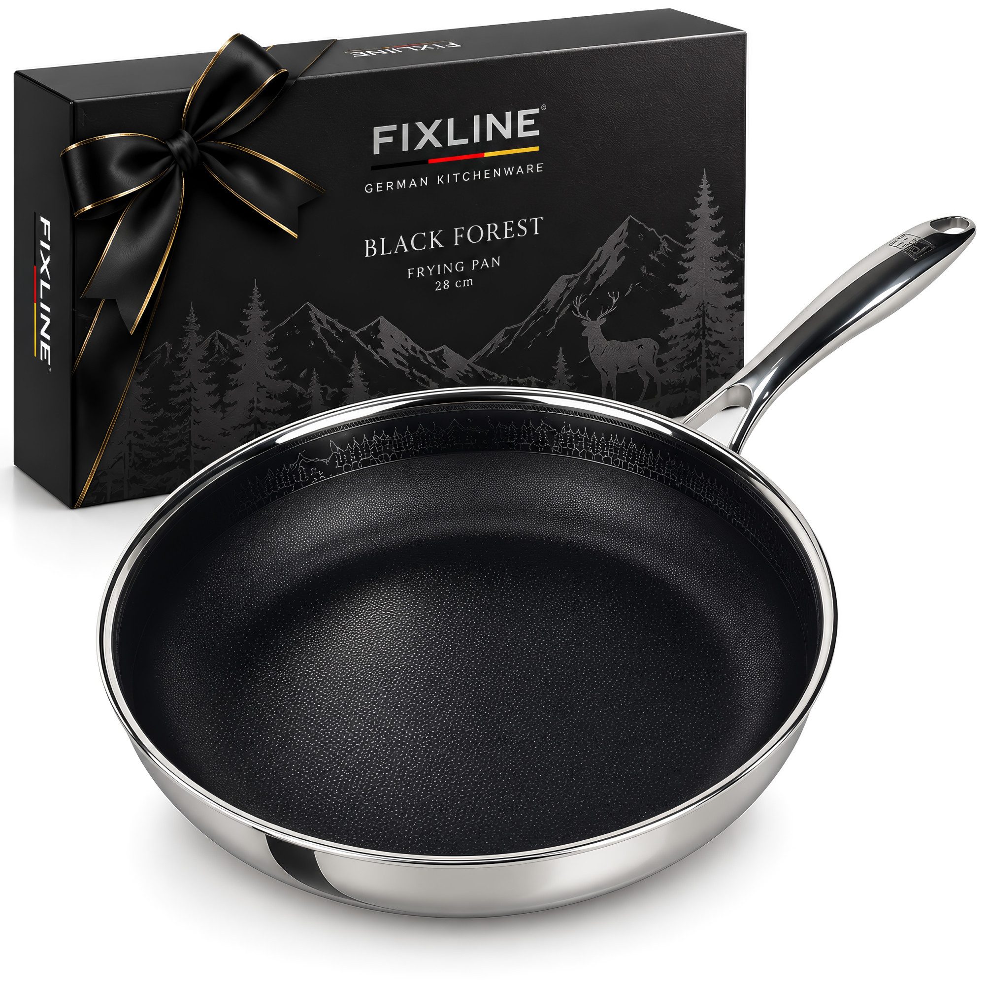 FIXLINE Schmorpfanne 28cm Black Forest Edition Beschichtet und einfache Reinigung, Edelstahl (Einzel, 1 Pfanne), Lieblingspfanne in deiner Küche