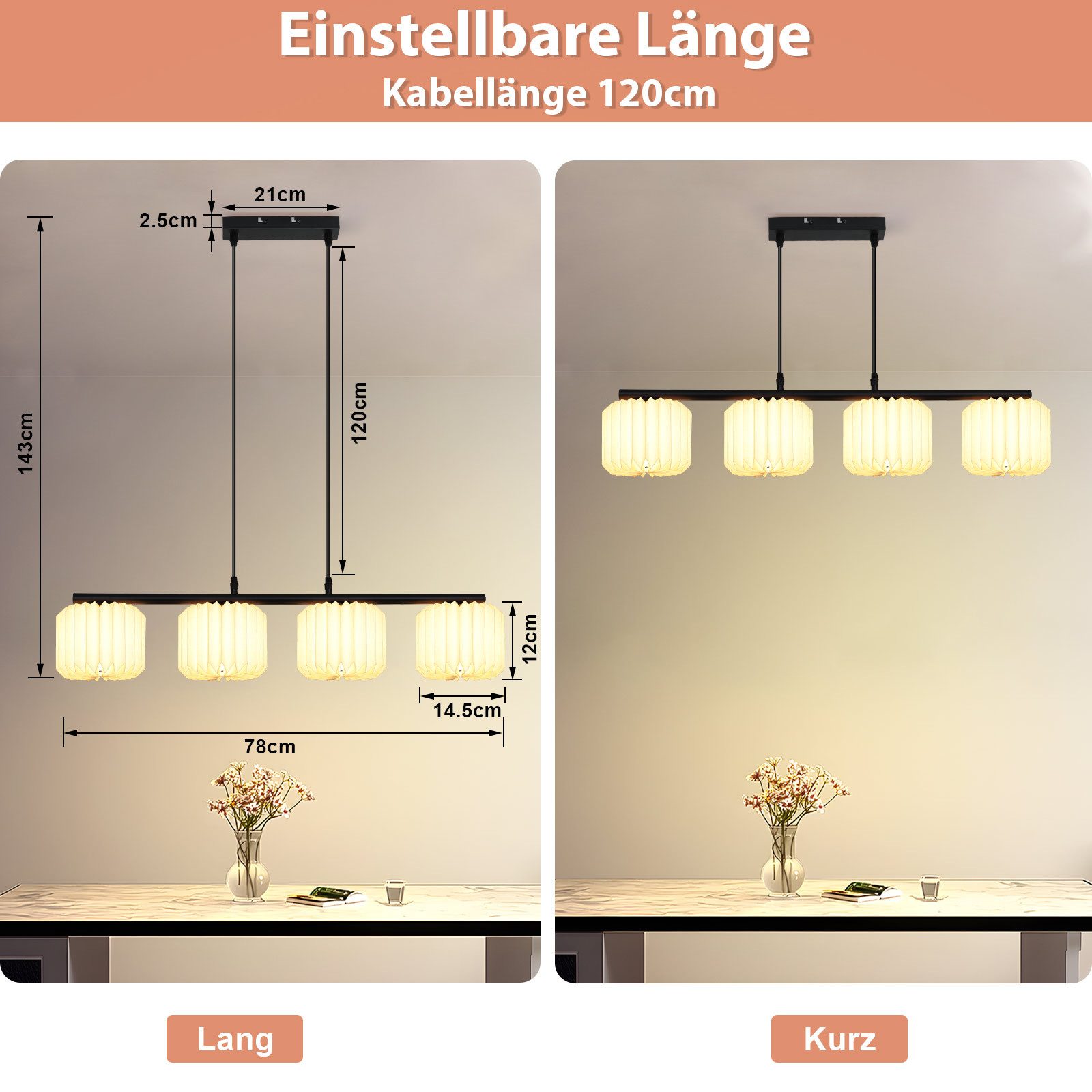 ZMH Pendelleuchte Pendelleuchte Esstisch Hängelampe Vintage für Schlafzimmer, ohne Leuchtmittel, Lampenschirm Papier Lang Pendellampe Esstischlampe