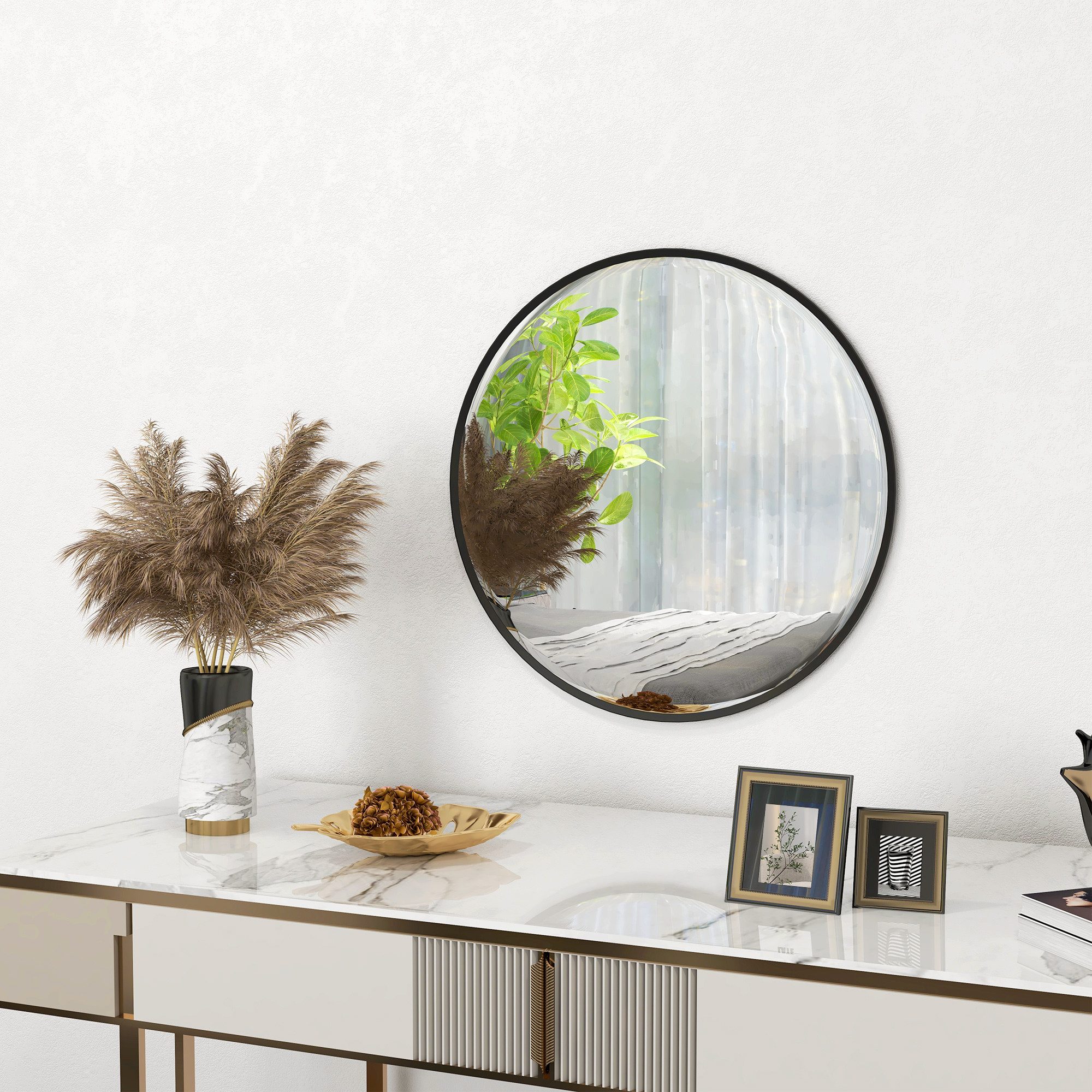 HOMCOM Wandspiegel Badspiegel, runder Spiegel für Bad, Wohnzimmer, Schlafzimmer (mit Aluminiumlegierungrahmen, 1-St., dekorative Spiegel), für Bad, Wohnzimmer, Schlafzimmer, Schwarz