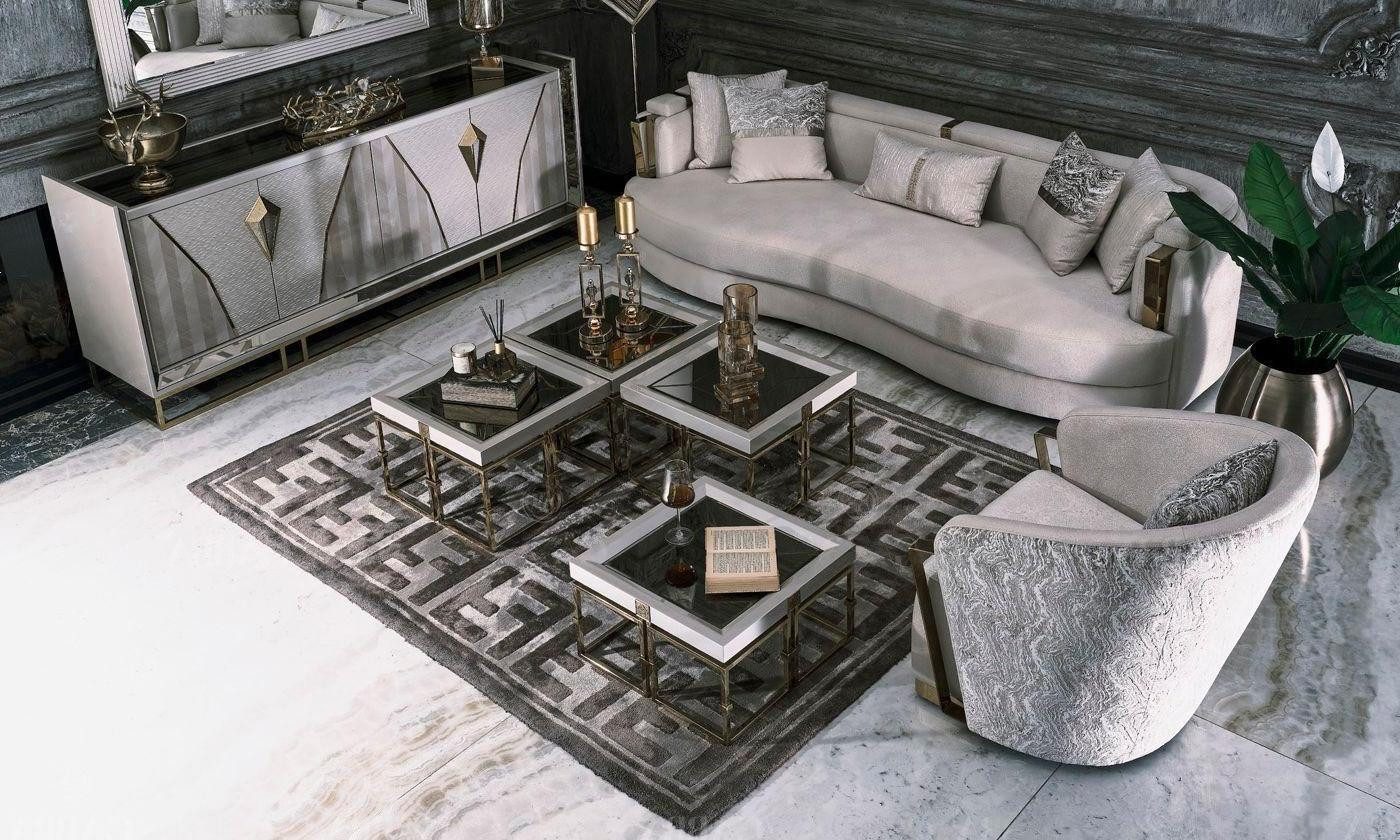 Xlmoebel Polstergarnitur Stoffsofa und Sessel in elegantem Grau mit Couchtischen, (Set 7tlg Wohnzimmer (Sofa 3 + 1 Sitzer + 4xCouchtische + Sideboard), Hergestellt in Europa