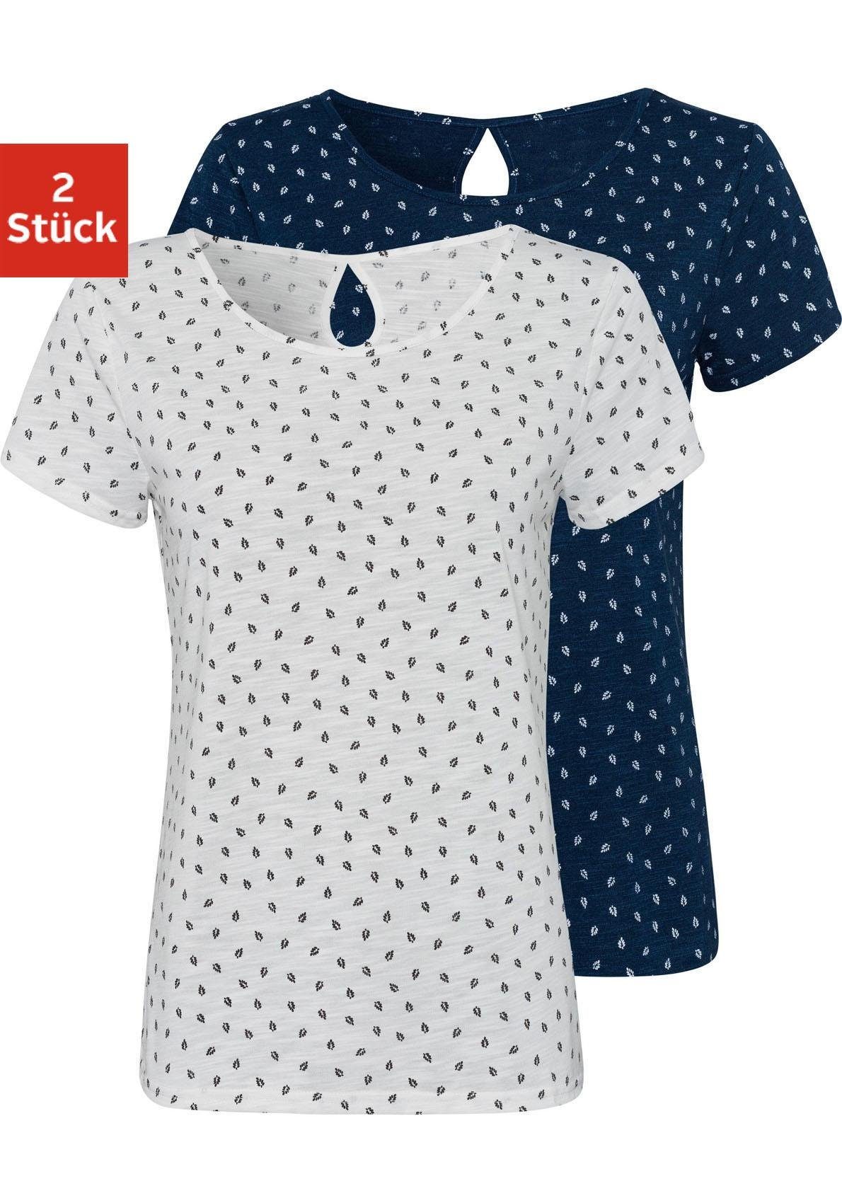 LASCANA T-Shirt (2er-Pack) mit süßem Blätter-Druck und Cut-Out im Nacken navy-gemustert, weiß-gemustert