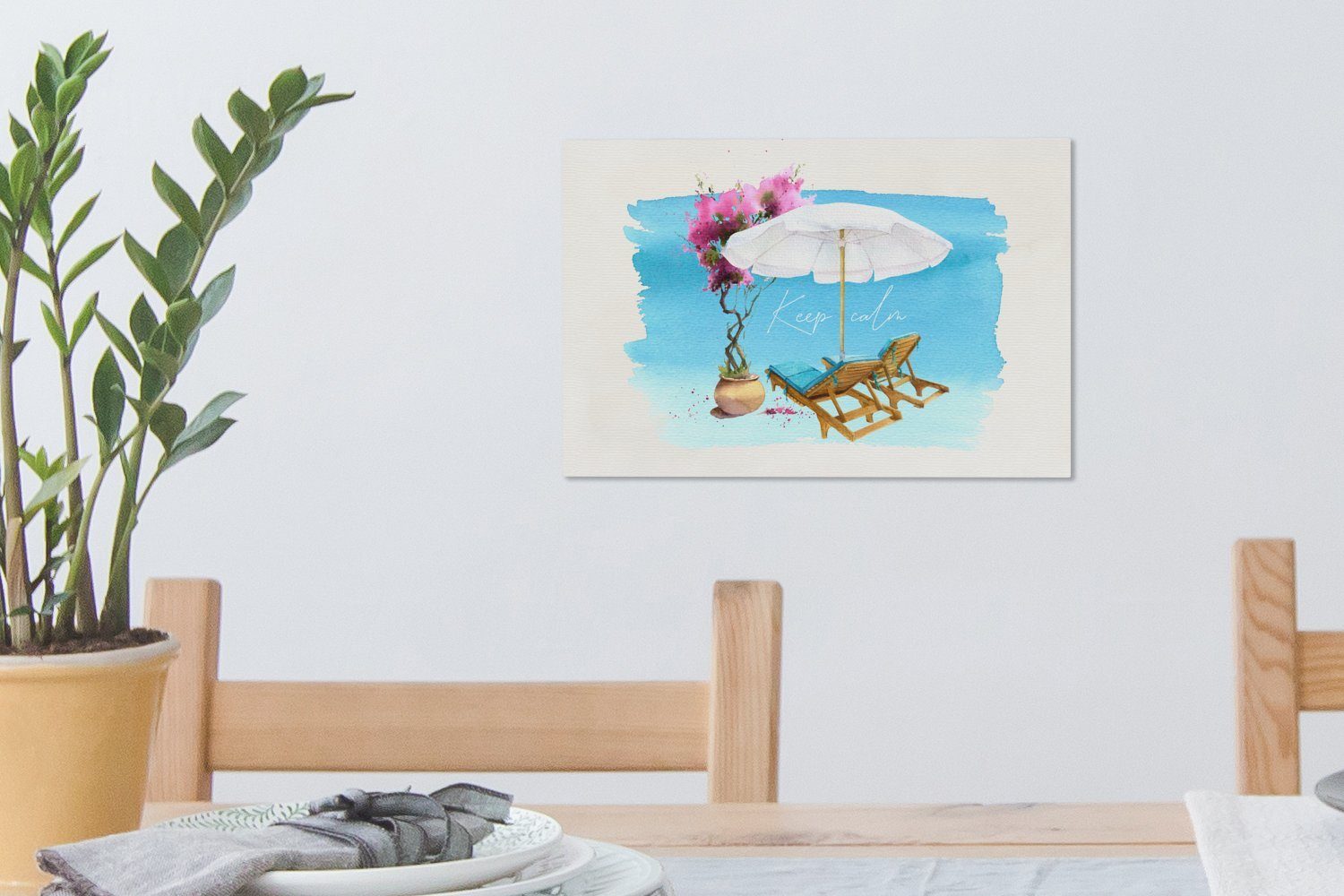 OneMillionCanvasses® Leinwandbild Strandkorb Leinwandbilder, - 30x20 Blumen - (1 cm Sonnenschirm - Aquarell, Wanddeko, Aufhängefertig, Wandbild St)