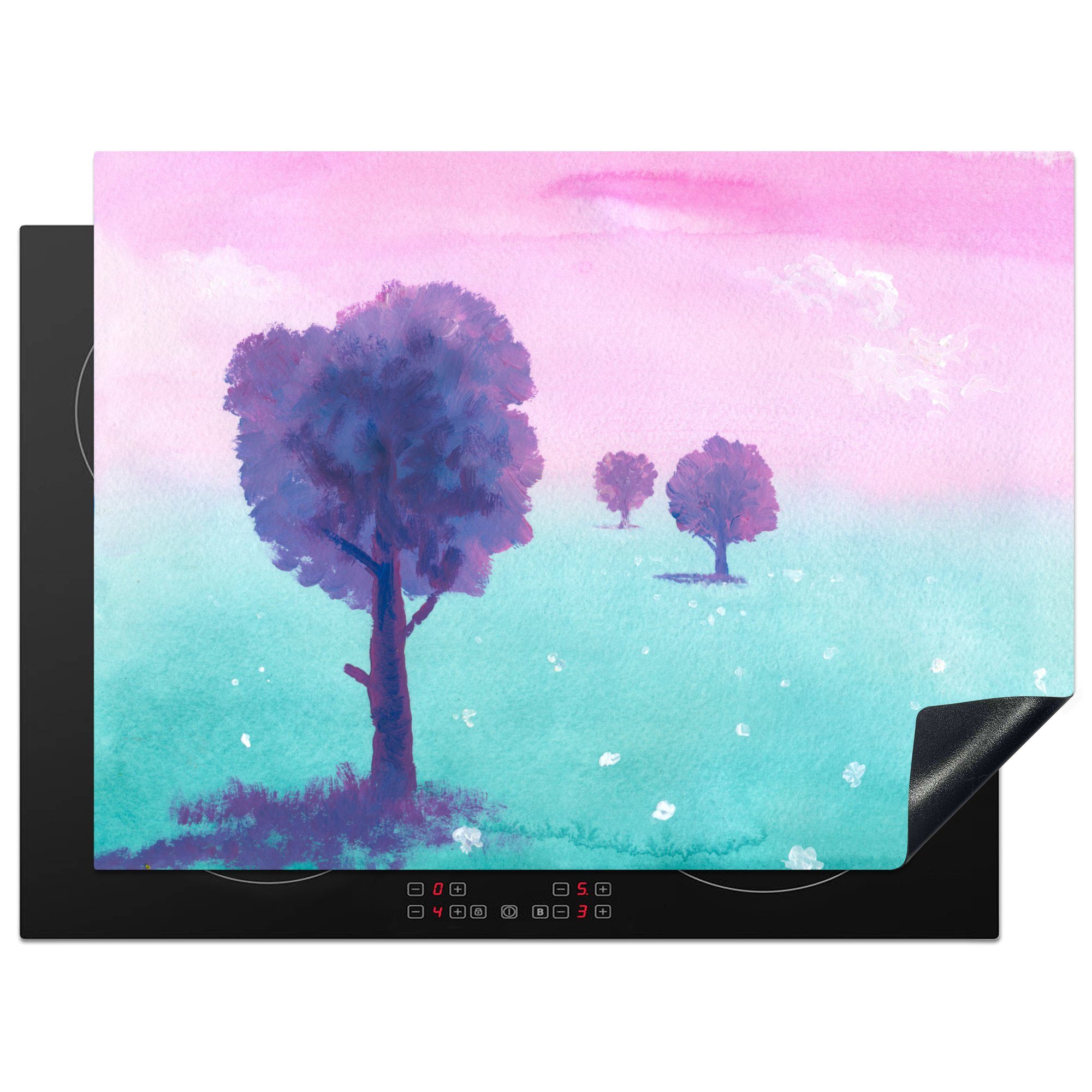 MuchoWow Herdblende-/Abdeckplatte Illustration einer Landschaft unter einem rosa Himmel, Vinyl, (1 tlg), 70x52 cm, Mobile Arbeitsfläche nutzbar, Ceranfeldabdeckung