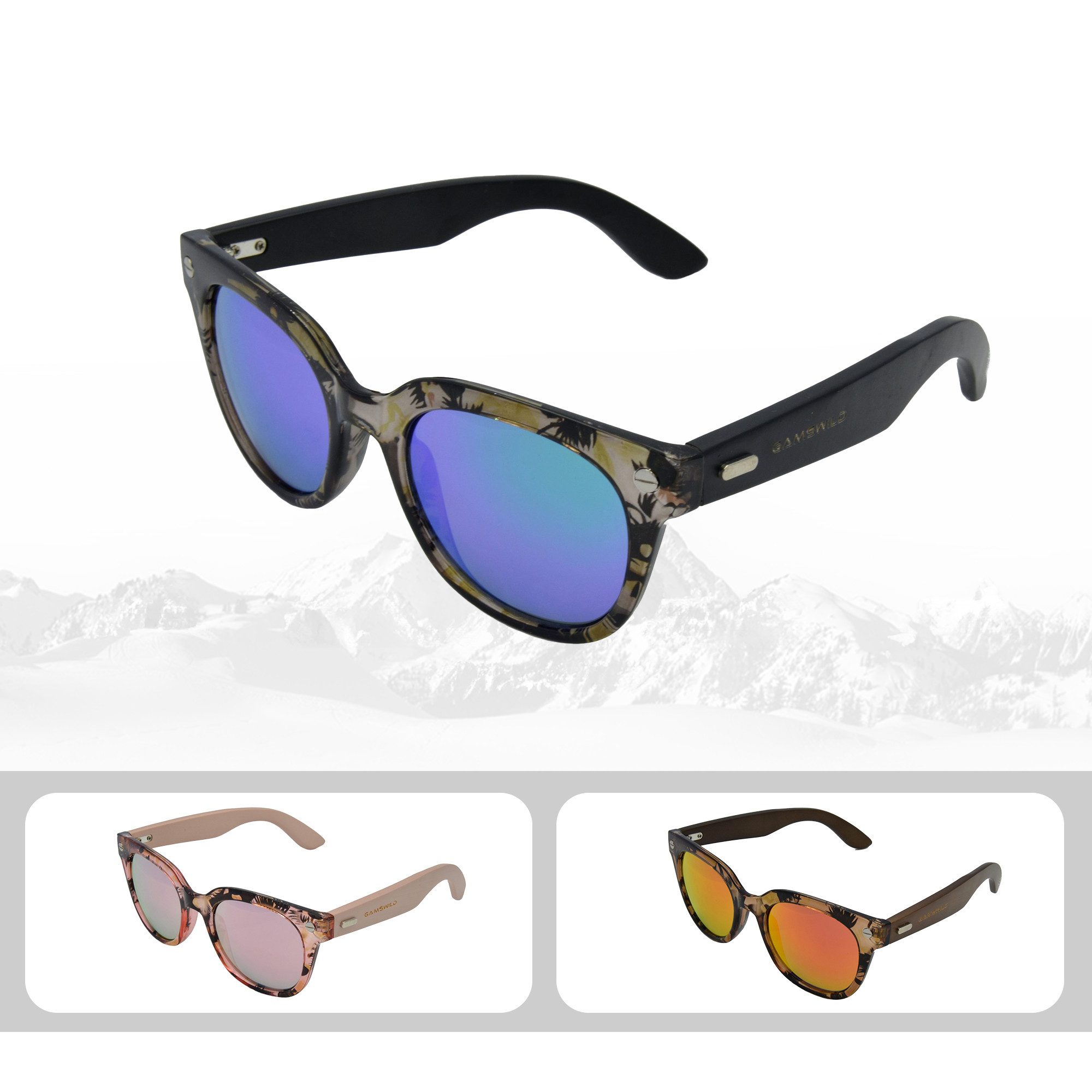 Gamswild Sonnenbrille UV400 GAMSSTYLE Modebrille breite Bambusholzbügel Damen Modell WM1328, rot-orange, grün-türkis, rosa-pink