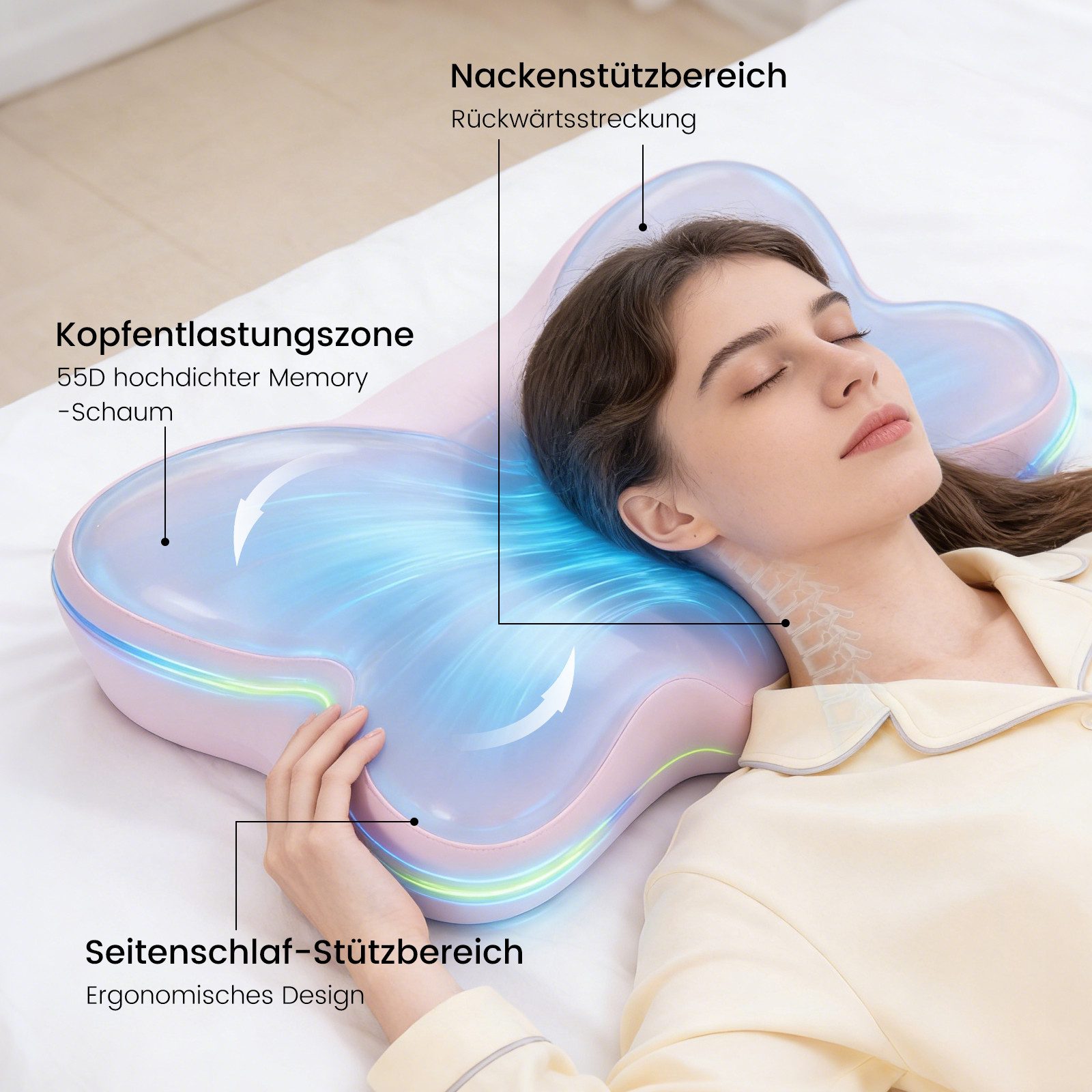 CHICASA Kopfkissen Nackenstützkissen aus 55D Memory Foam, HWS-stützend, abnehmbarer Bezug, Maße: 65 × 41 × 12/8 cm (zwei Höhen), 5-Zonen-Stützsystem, 100 % Memory-Schaum, 4D-Luftzirkulationsstruktur, Reisedesign