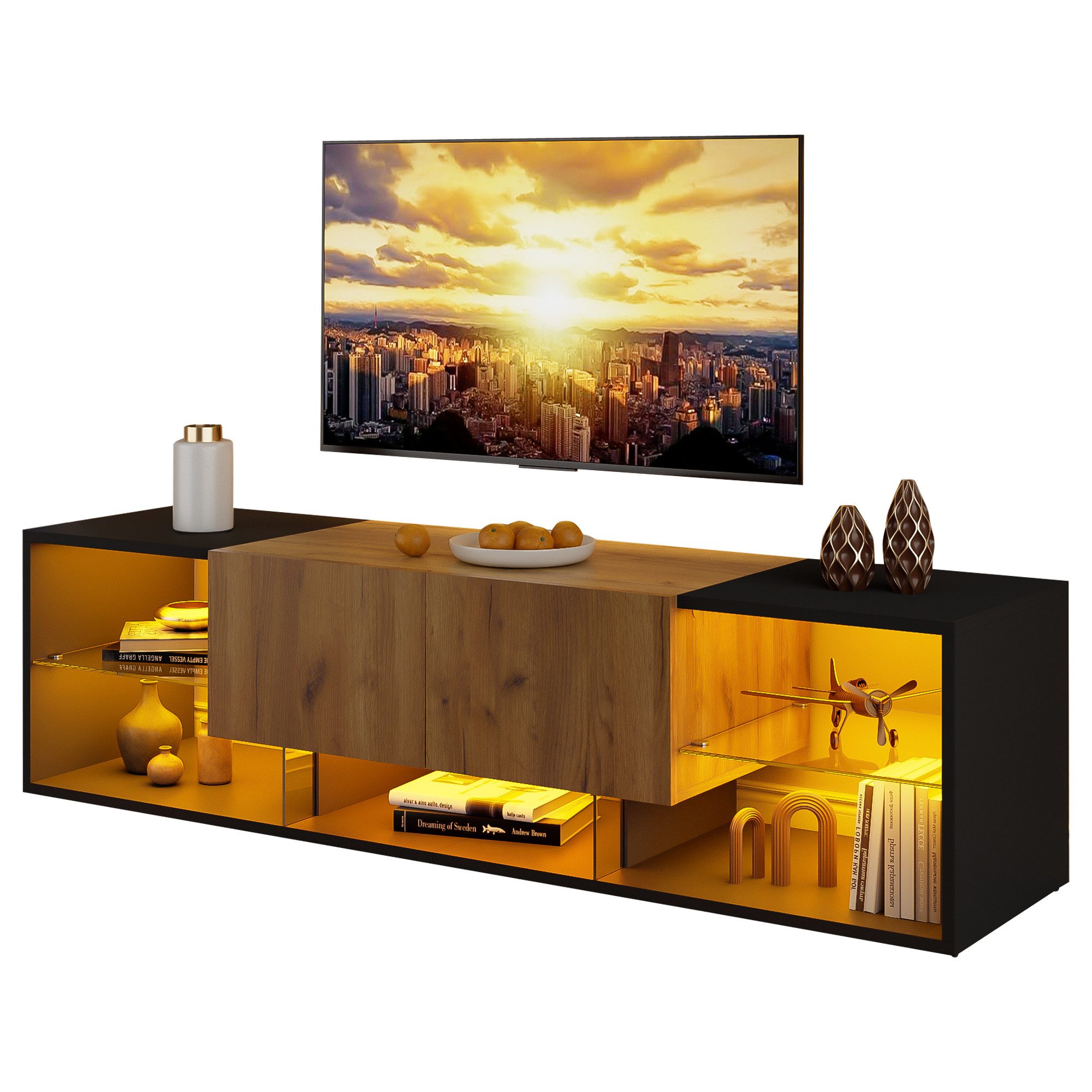 Merax Lowboard mit LED-Beleuchtung (1 St), TV-Schrank Fernsehschrank mit Glasablage und 2 Schubladen, 160x40x42cm