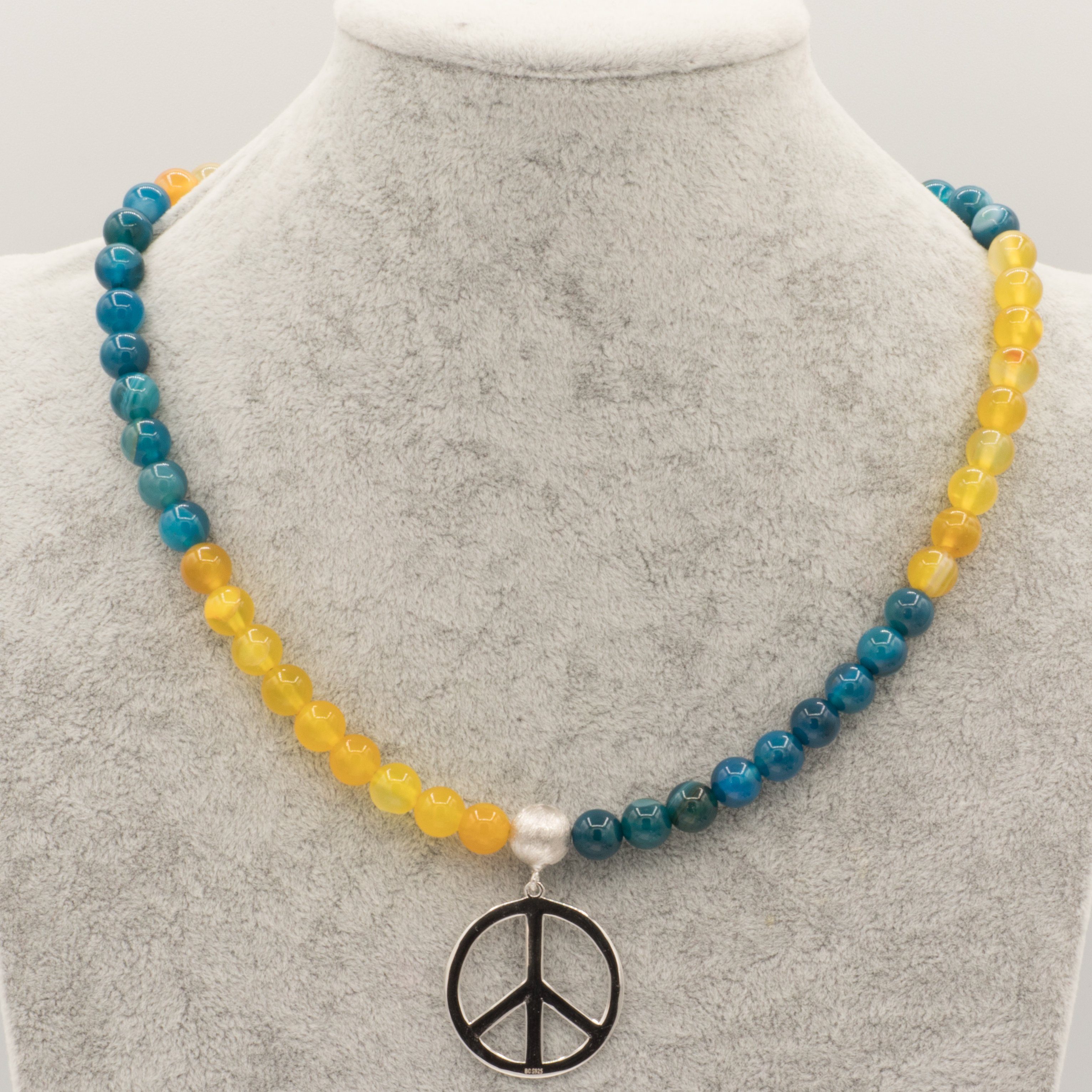 mit Bella gelb Achat Kette Zeichen mit Peace Ukraine Anhänger Carina Achat blau Silber, Ukraine gelb blau Peace 925 Perlenkette