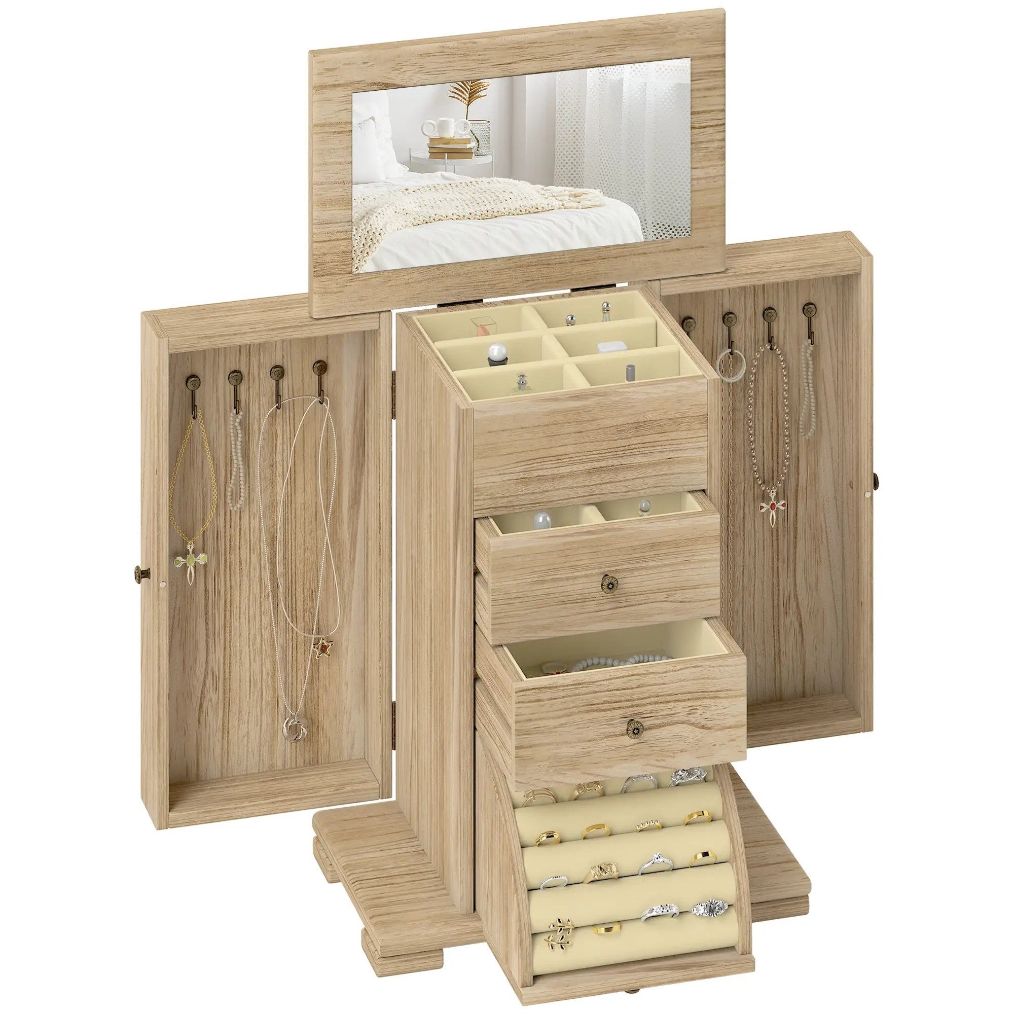 BlingBin Schmuckkasten Schmuckaufbewahrung, Holz Schmuckbox Organizers mit Spiegel (1er Set, 1 St., 26,5cm x 16cm x 33,5cm), 4-lagige Schmuck-Organizer-Box für Ringe, Ohrringe, Halsketten