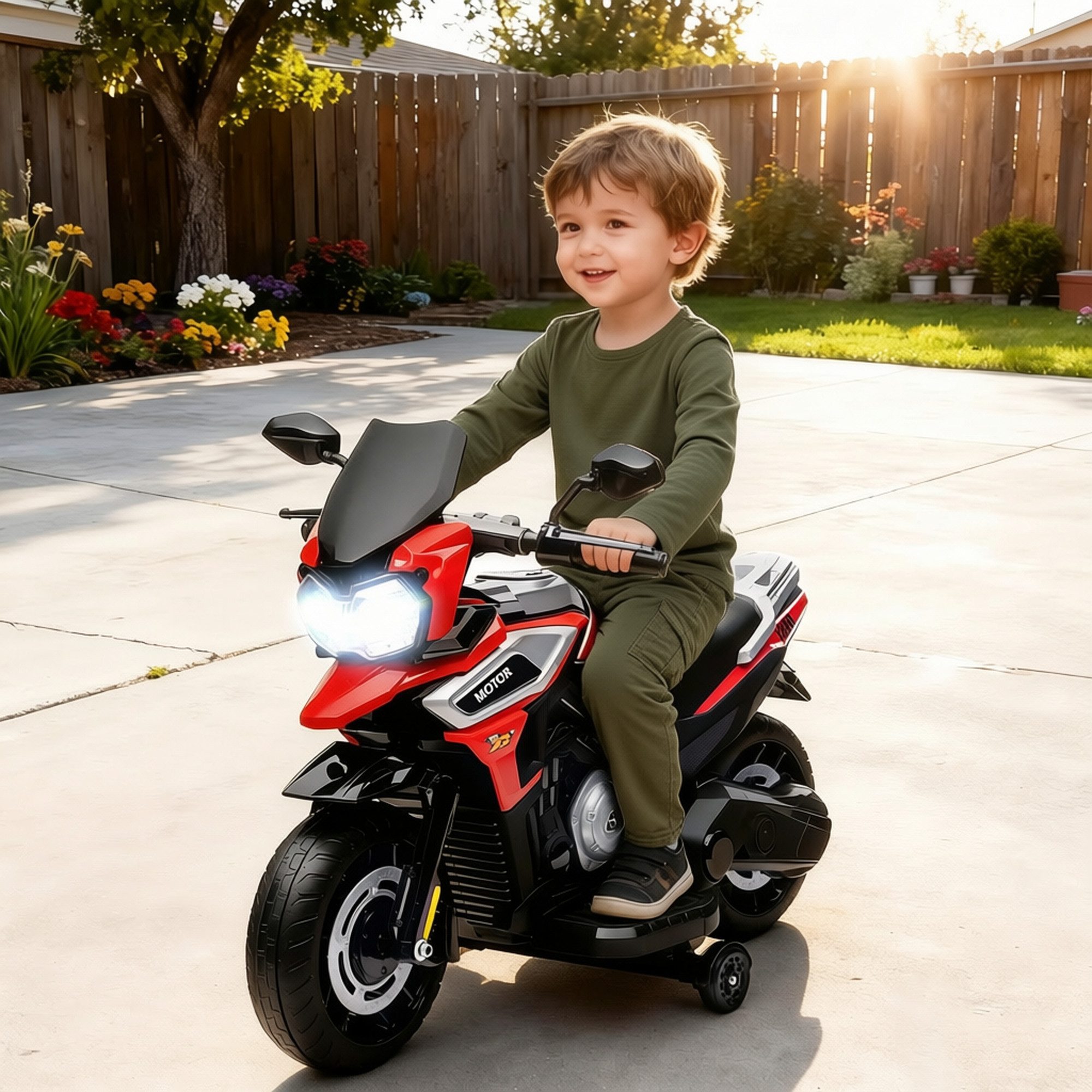 AIYAPLAY Elektro-Kindermotorrad 6V Elektromotorrad mit 2 Hilfsrädern, Beleuchtung, Musik, Belastbarkeit 30 kg, (1-tlg), für Kinder von 18-36 Monaten, Rot
