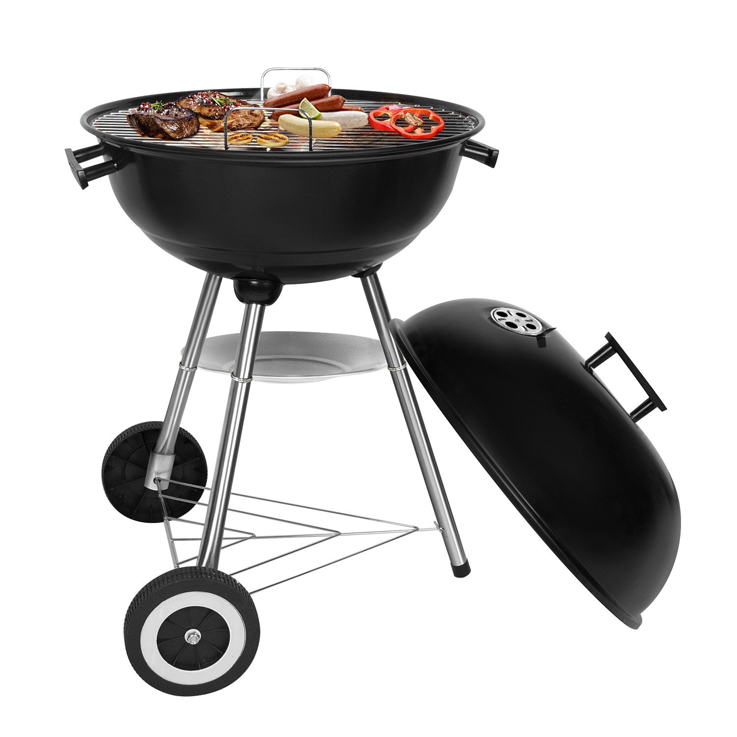 SunJas Holzkohlegrill Kugelgrill Campinggrill CA-20 mit Luftventilen Deckel und Rädern, Ø41,5 cm Geeignet für 4-6 Personen, BBQ Гриль XXL Standgrill Grillwagen Rundgrill kohlegrill