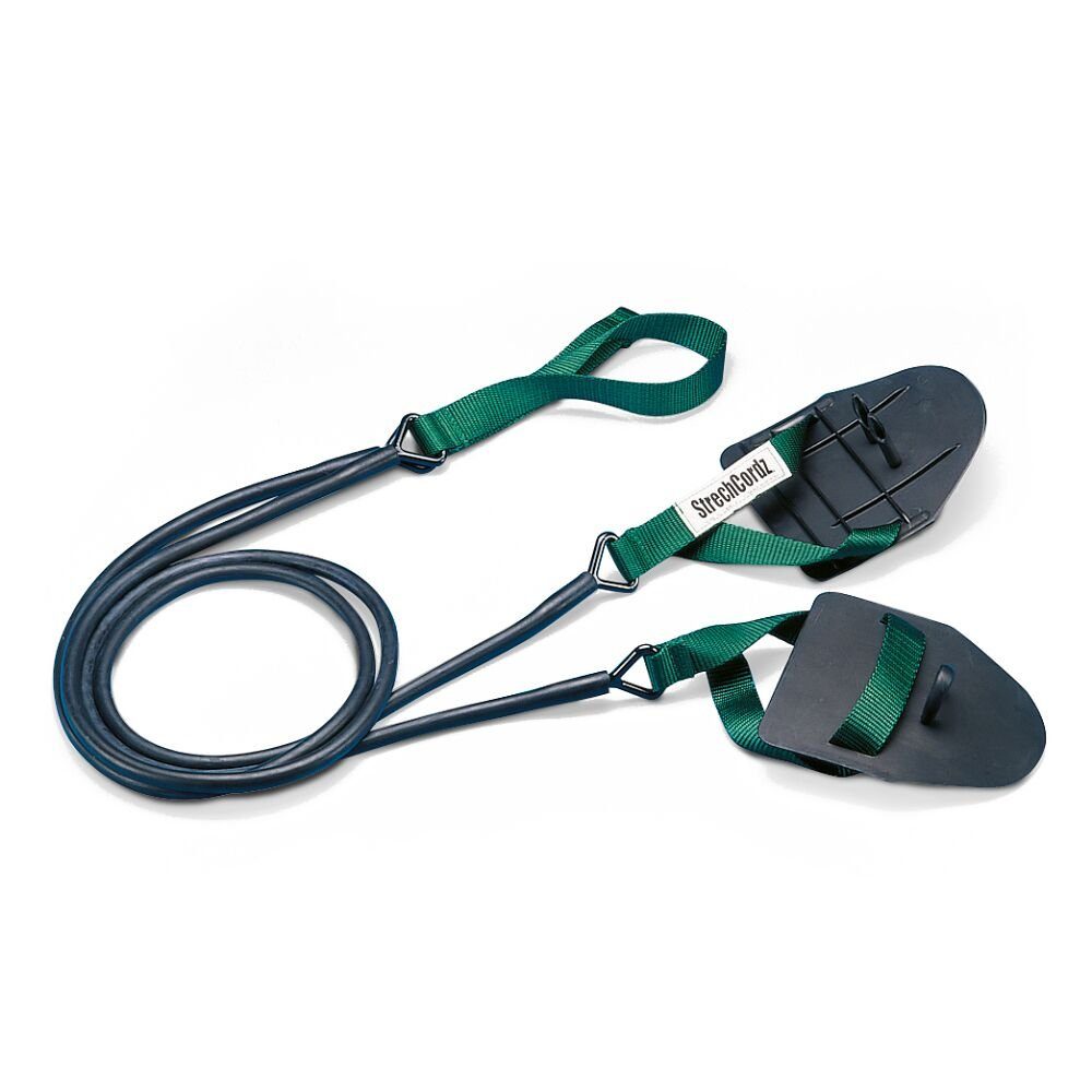 StrechCordz Trainingsband Zugseil mit Handpaddel, Für das Schwimmkraft-Training an Land Grün, Zugstärke 3,6–10,8 kg