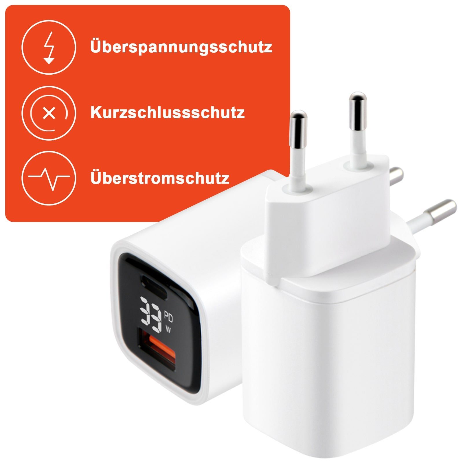 EAXUS 33 Watt USB-A + USB-C Netzteil mit Schnellladefunktion und Display USB-Ladegerät (4000,00 mA, 1-tlg., optional inkl. Schnellladekabel, USB Power Delivery + QC4.0 Schnellladung, zeigt Ladegeschwindigkeit)