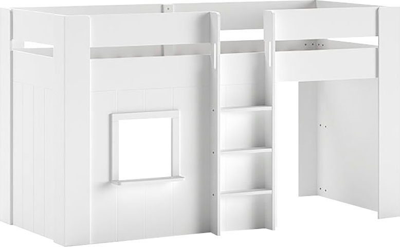 Vipack Hochbett Reno, ein tolles Hüttenbett mit hoher Standfestigkeit, weiß lackiert (B/H/T ca. 206x120,1x105cm, Leiter mittig, Fenster und Absturzschutz) inkl. Rolllattenrost, Rückseite offen und Spielfläche unter dem Bett
