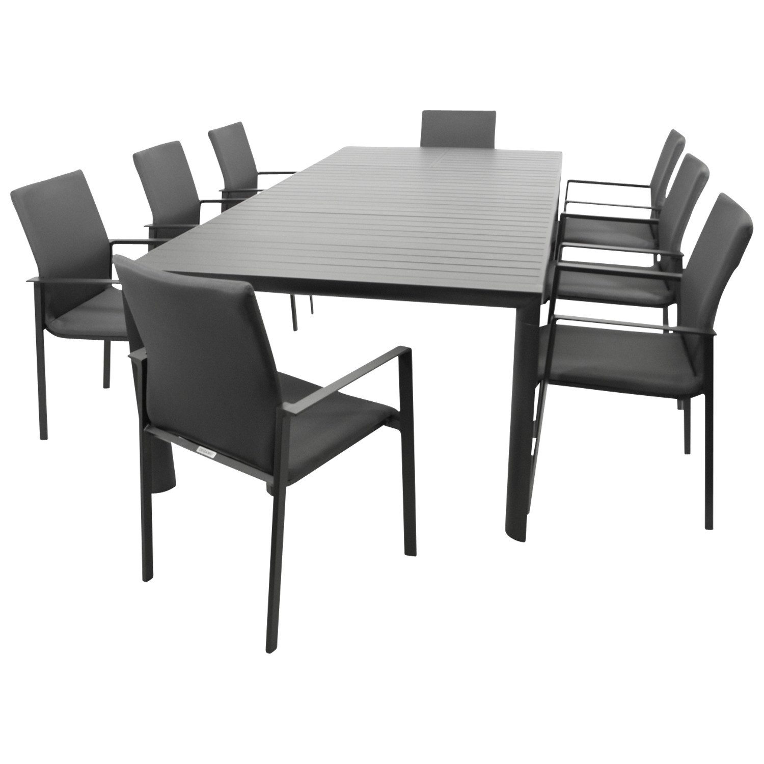 DEGAMO Garten-Essgruppe LAGOS XL, (9-tlg., 8x Stapelsessel, 1x Ausziehtisch), Alu anthrazit, Stapelsessel, Tisch mit Seitenauszug 195/255x120cm