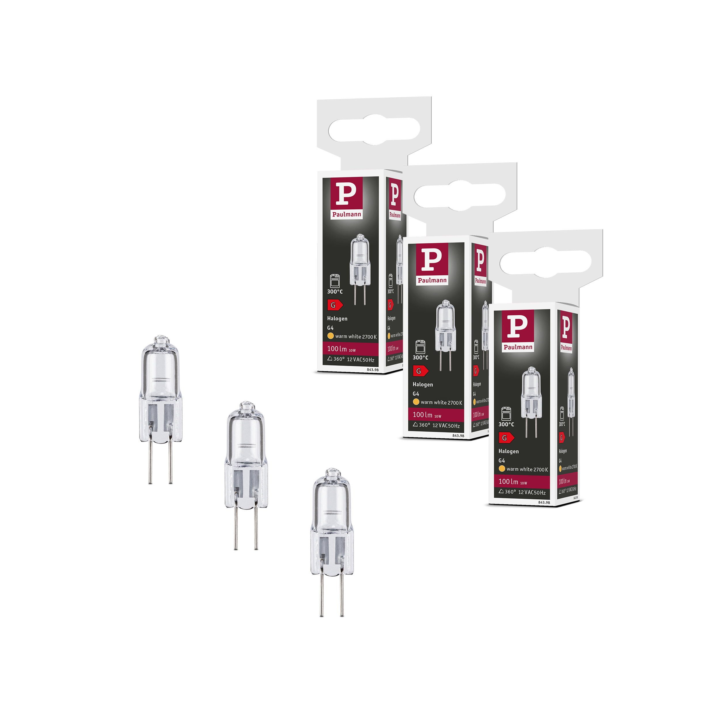 Paulmann Halogenlampe Set Halogen Stiftsockel Backofen G4 G4 12V 3x100lm 3x10W 2700K dimmbar, G4, 3 St.