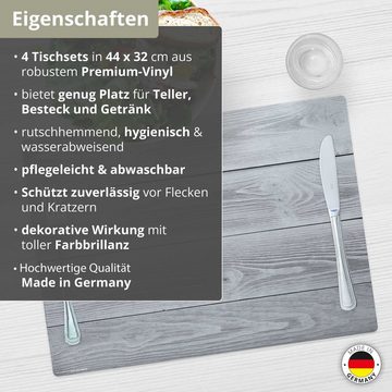 Platzset, Tischset, Platzset abwaschbar - Graue Holzbretter Hintergrund, cover-your-desk.de, (aus erstklassigem Vinyl (Kunststoff - BPA frei), 4-St., 44 x 32 cm - rutschfeste Tischdekoration), Made in Germany