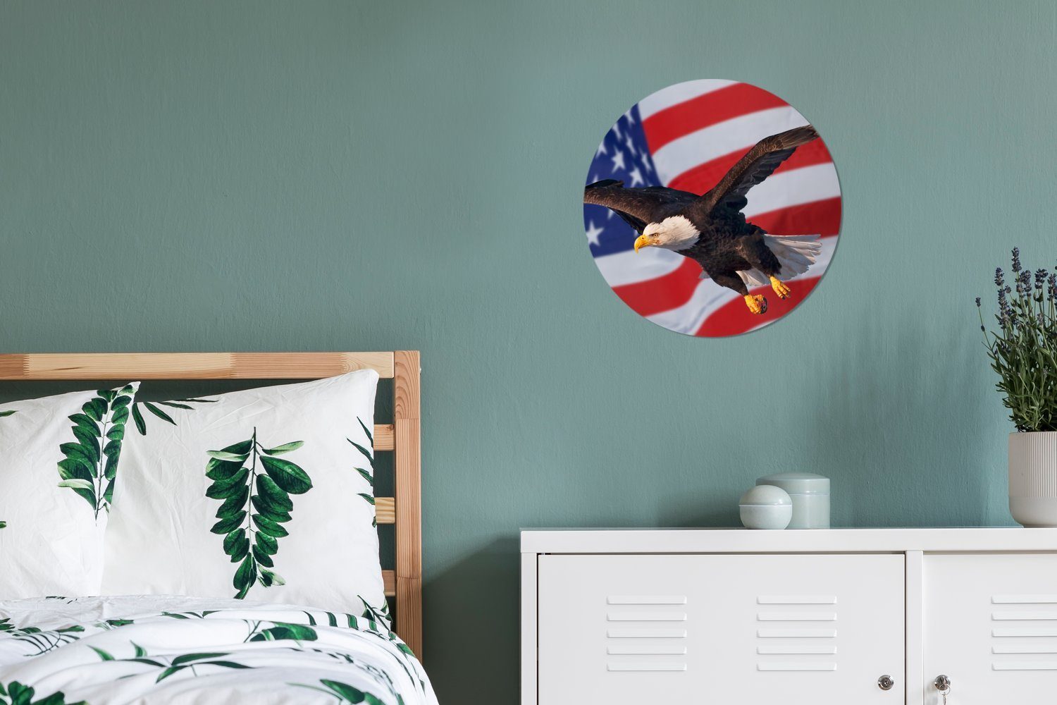 30x30 Kreis Rundes (1 Wohnzimmer, St), cm der Amerikanischer amerikanischen Weißkopfseeadler MuchoWow Wanddekoration Forex, vor Wandbild, Flagge, Gemälde