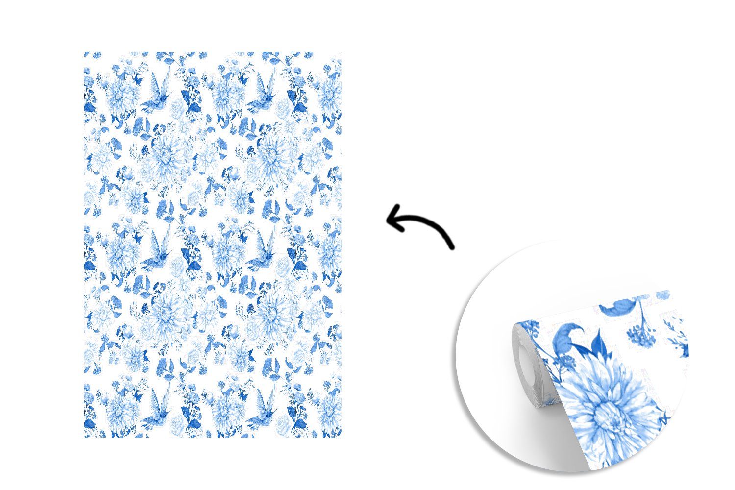 MuchoWow Fototapete Matt, bedruckt, Muster Blumen Wandtapete - (3 St), Tapete Wohnzimmer, für Blau, Montagefertig - Vinyl